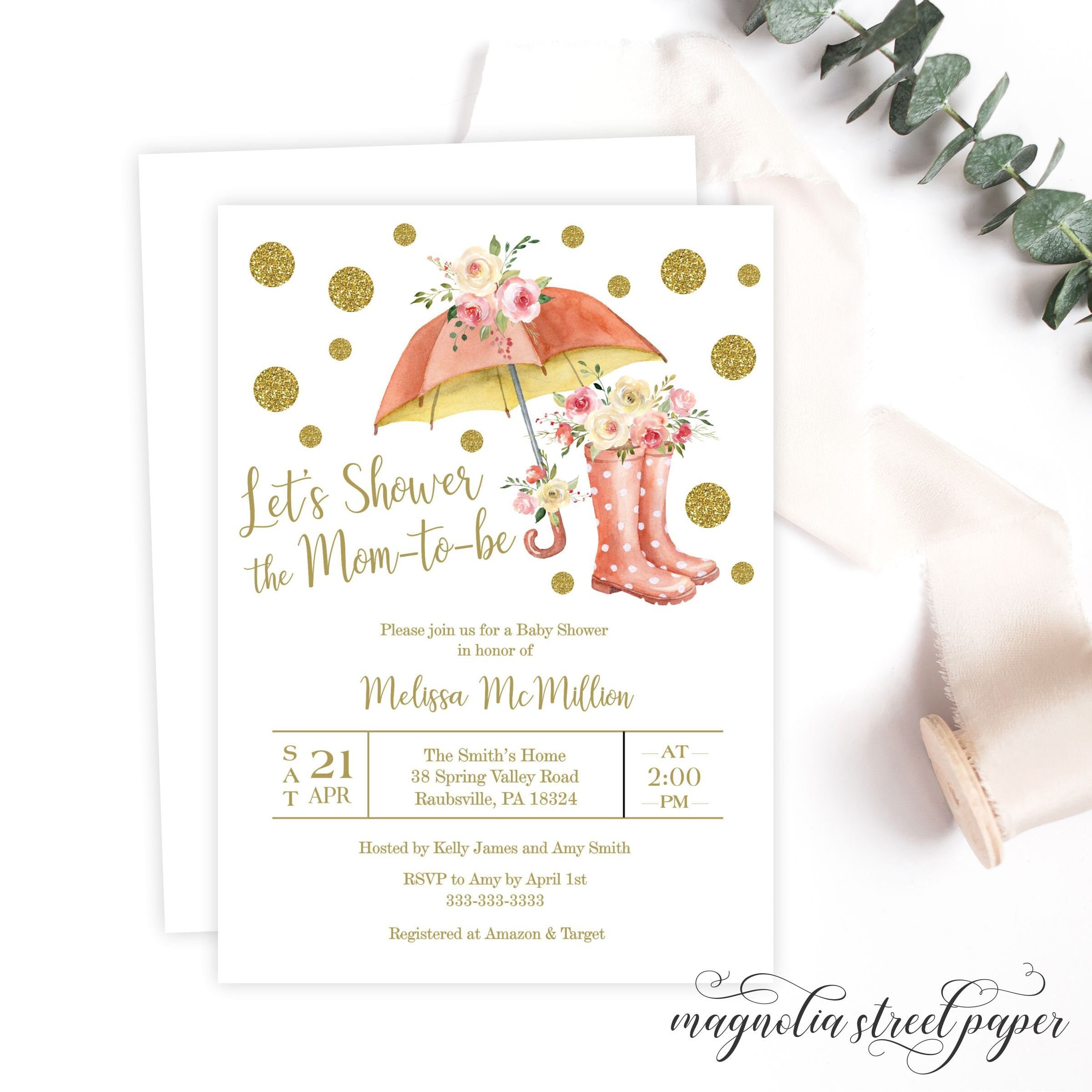 Umbrella Baby Shower Invitation, The Mom-To-Be Blush Floral & Gold With Polka Dot Rain Boots Invite, Printable Or Printed. P5