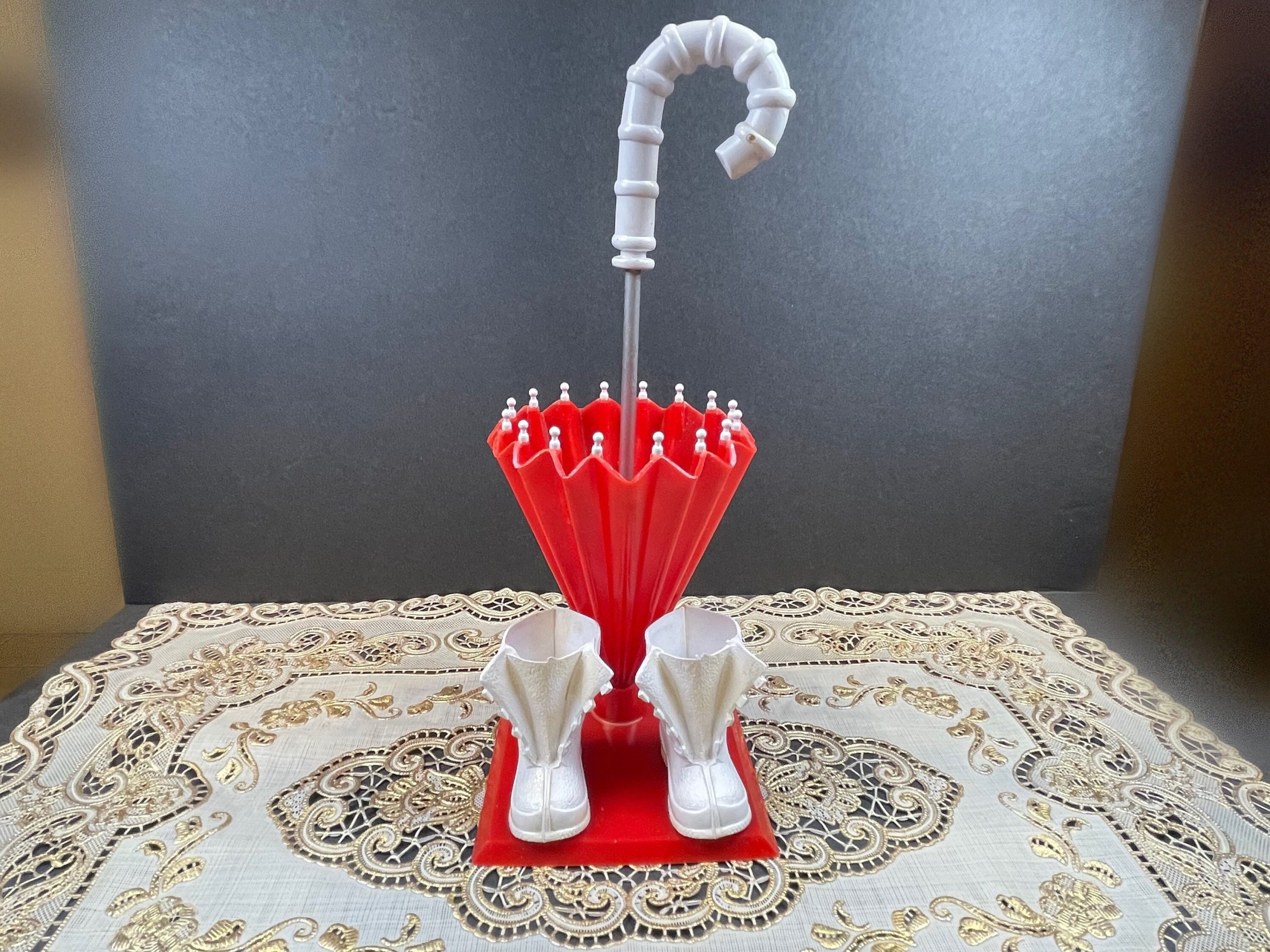 Umbrella & Rain Boot Pencil Holder & Desk Caddy...hard Plastic...red White...kitsch...desk Decor/Home Decor...1950S #554