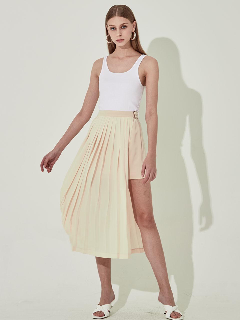 Unbalanced Asymmetrical Pleated Skirt [Nude]