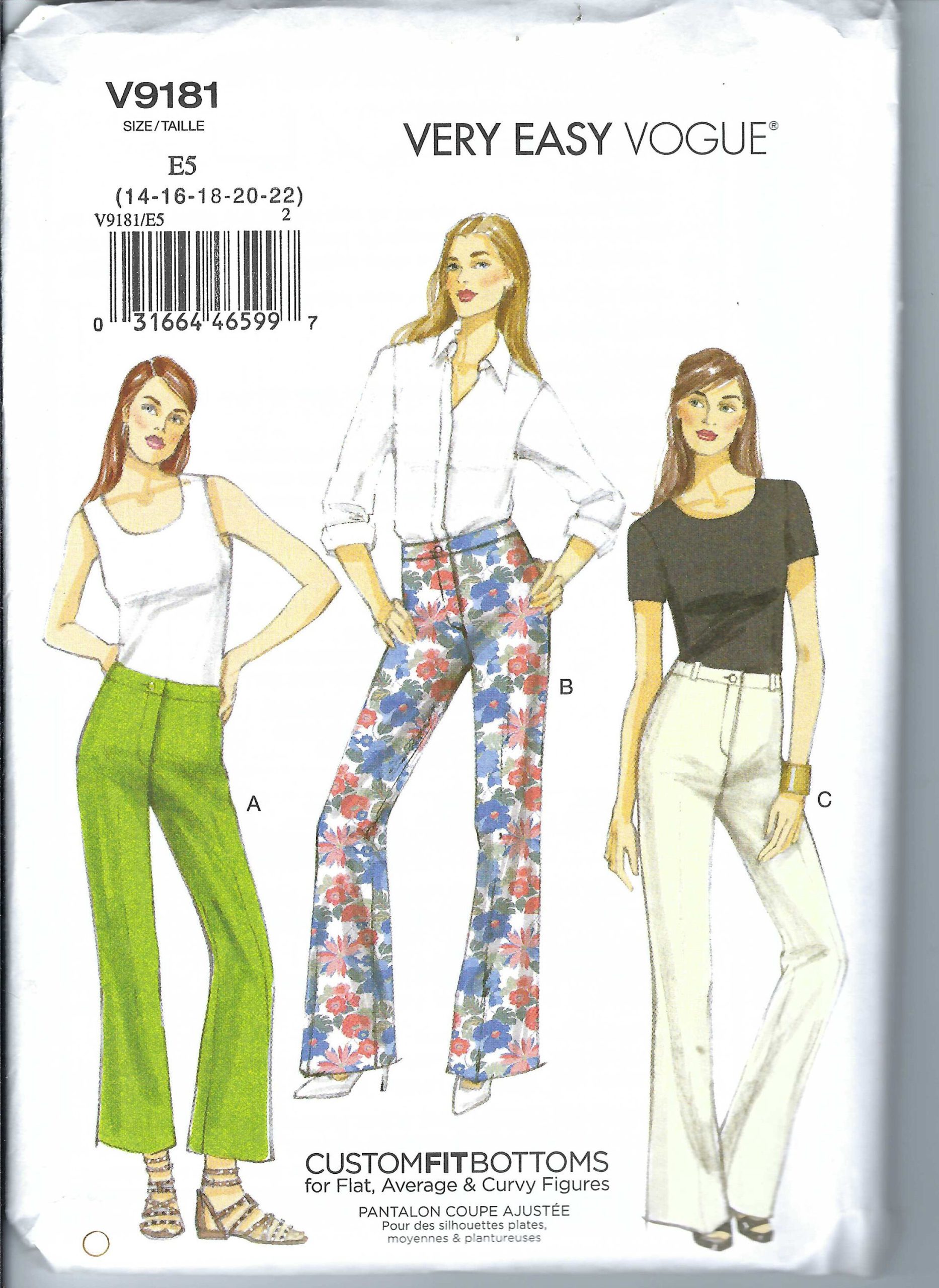 Uncut Vogue Sewing Pattern Womens Pants, Bootcut Cropped Wide Leg Vogue 9181, Size 6-14 & 14-22 Ff