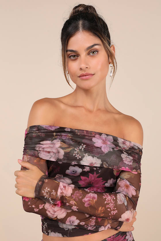 Unforgettably Sweet Brown Floral Print Mesh Off-the-Shoulder Top