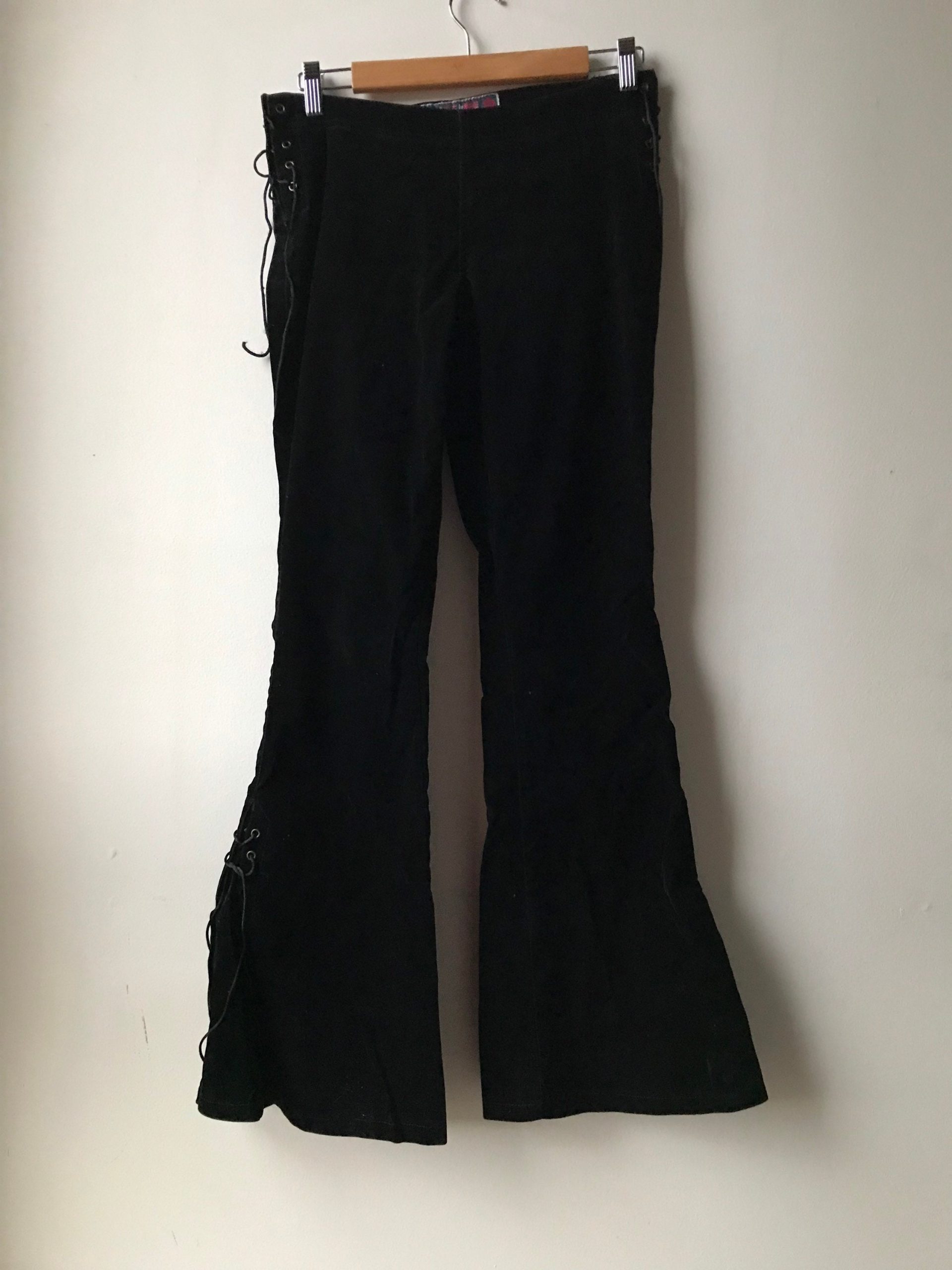 Unique Lace-Up Sides Black Velvet Velour Woman's Flared Leg Pants Mall Goth Hot Topic Emo Rockstar Disco Punk Rock 90's Y2K