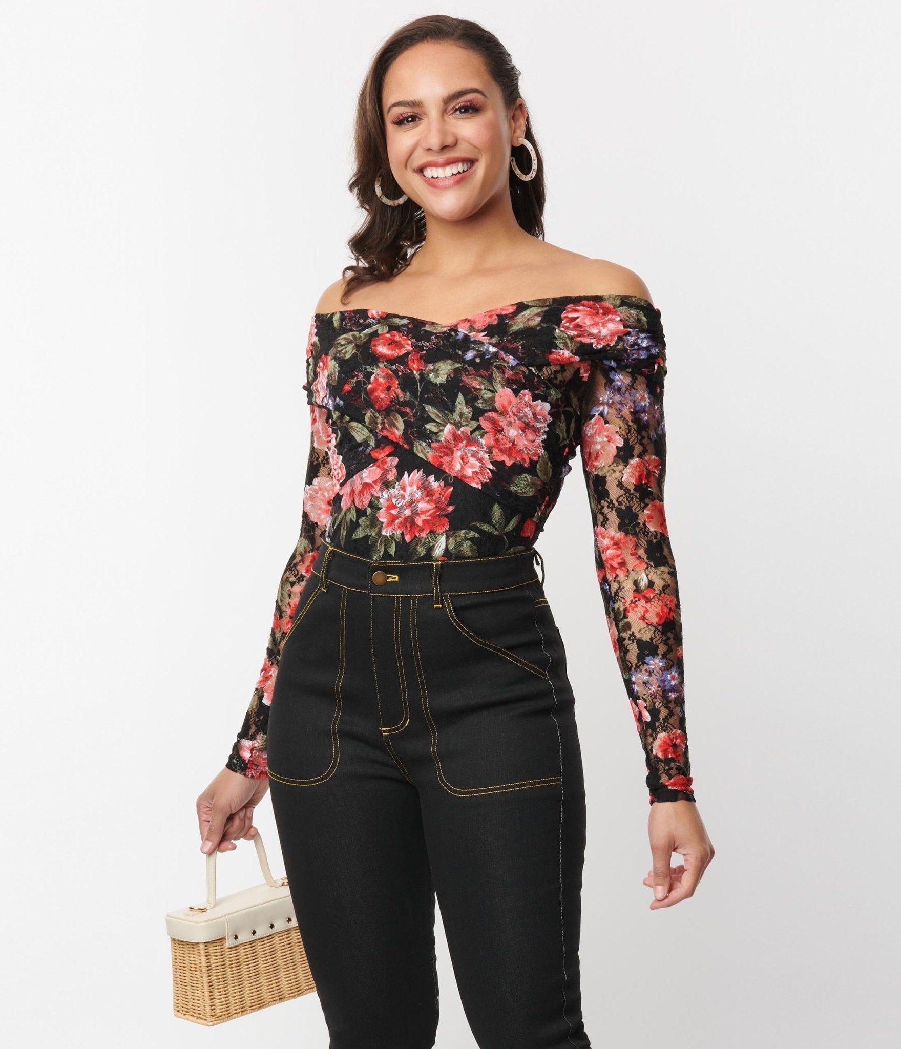 Unique Vintage 1940S Black Floral Lace Saturday Night Bodysuit