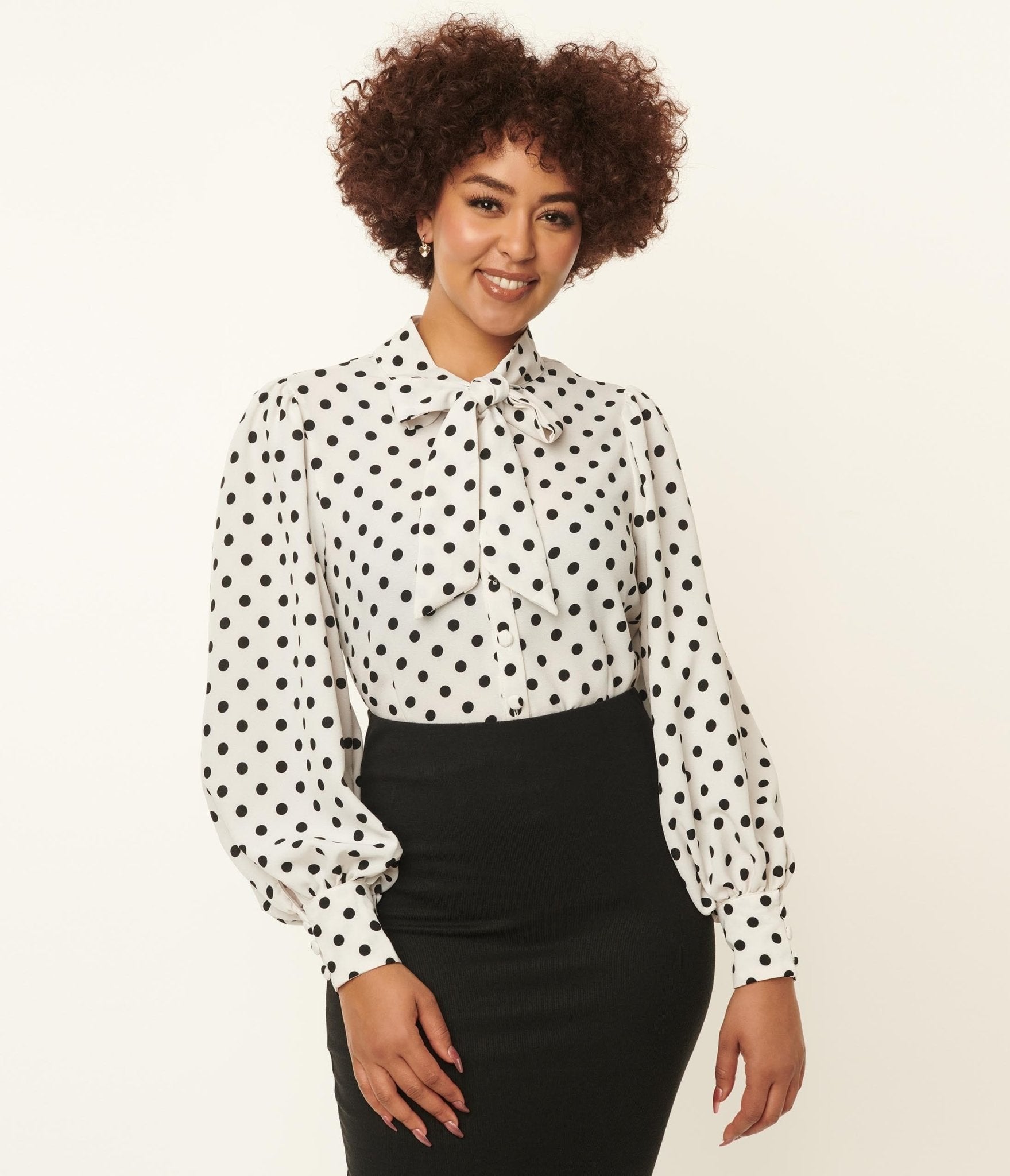 Unique Vintage 1940S White & Black Polka Dot Neck Tie Gwen Blouse