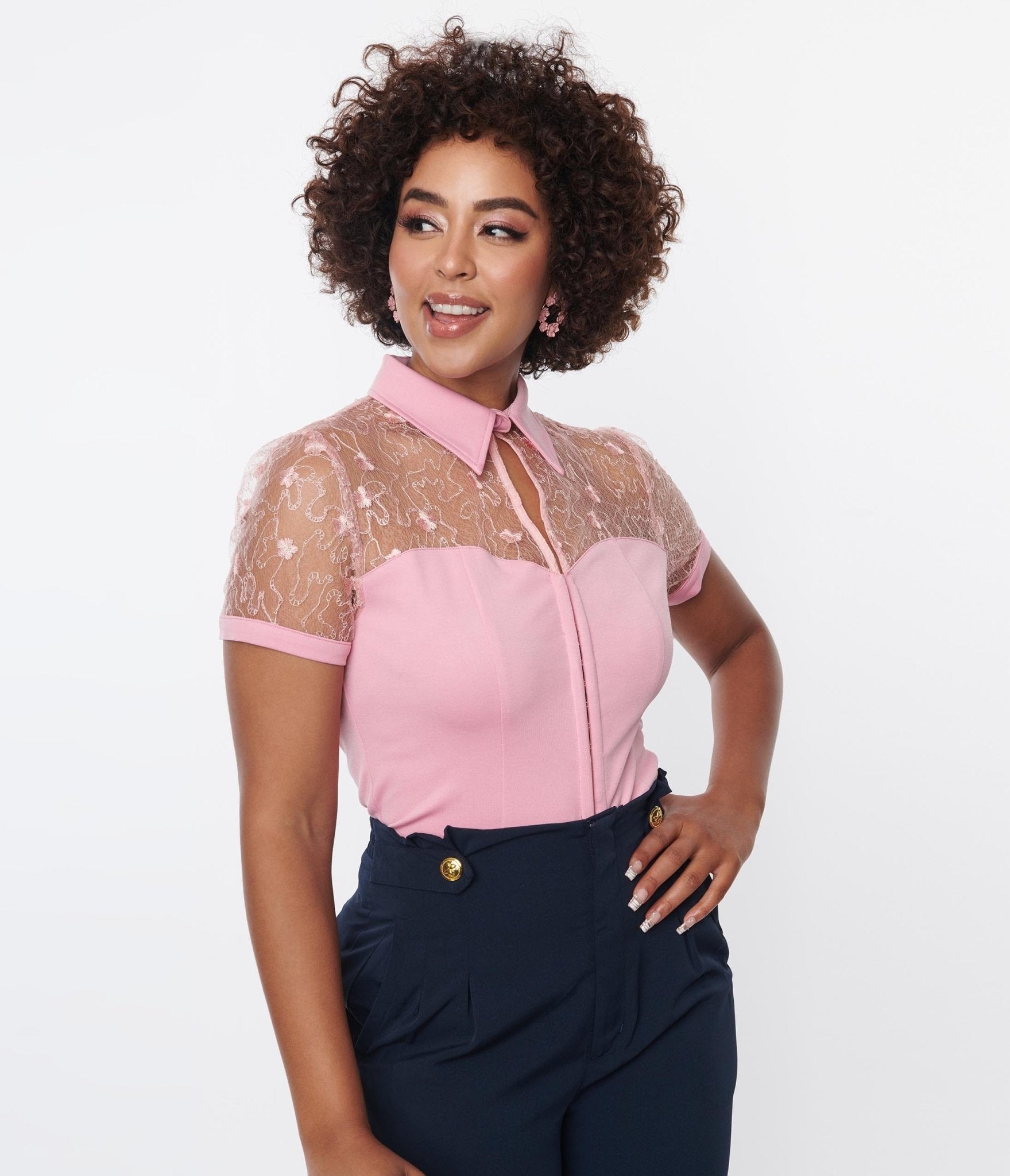 Unique Vintage Light Pink & Floral Mesh Sweetheart Top