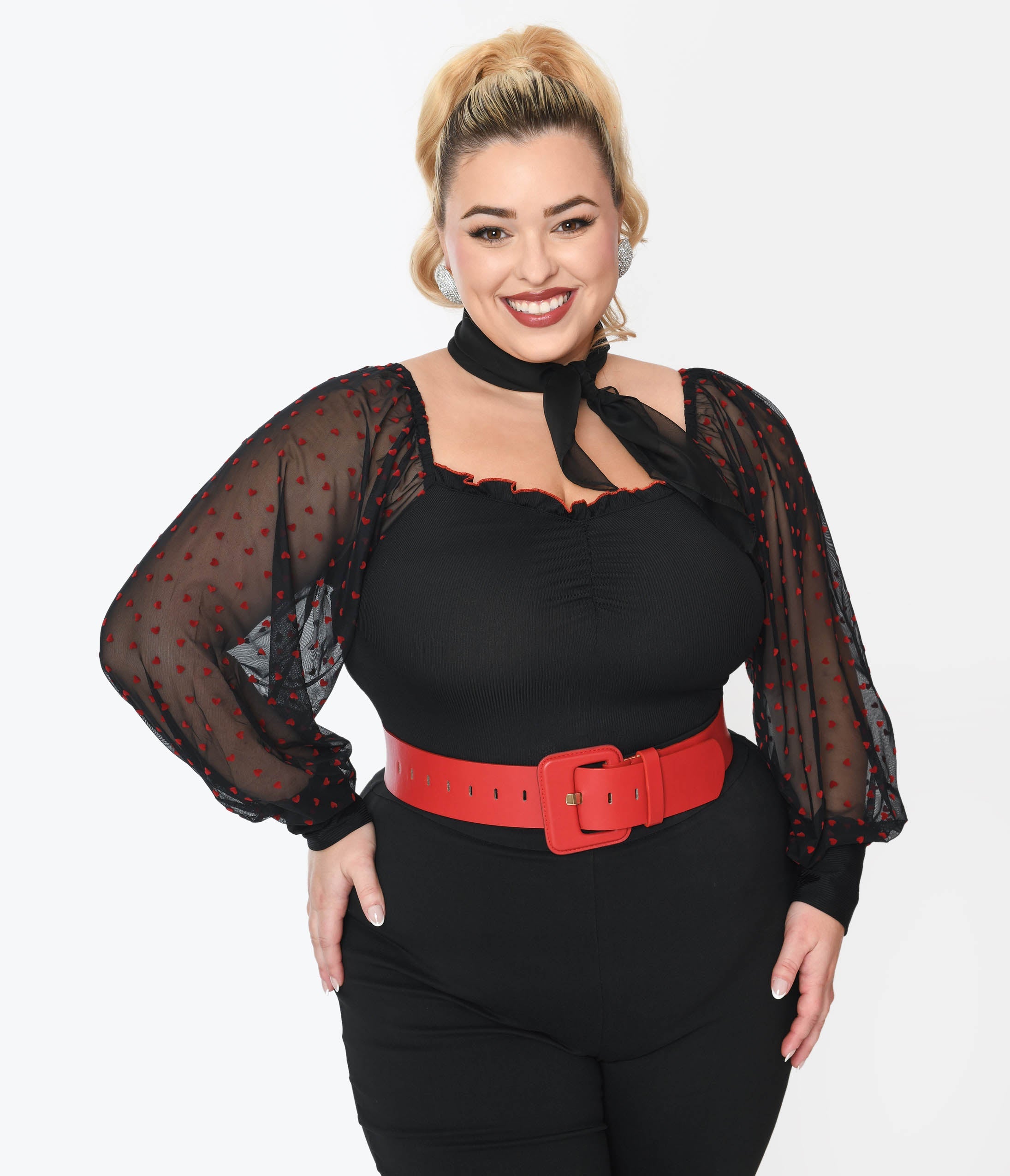 Unique Vintage Plus Size Black & Red Flocked Hearts Sleeve Bodysuit