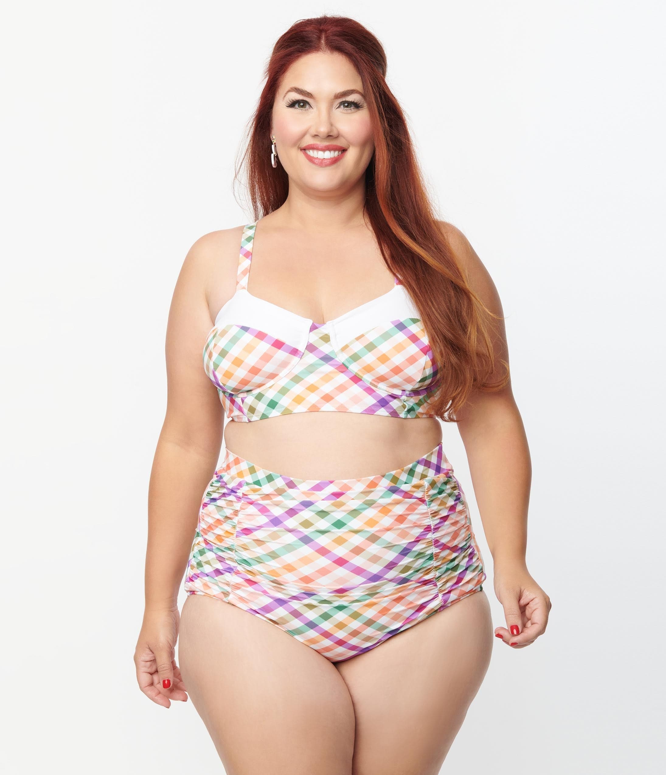 Unique Vintage Plus Size Pastel Madras Gingham Marlene Crop Swim Top