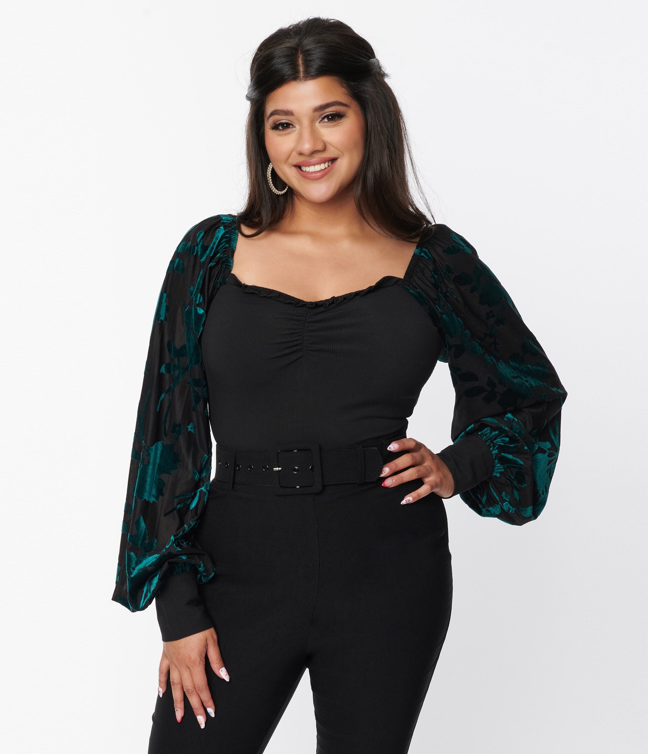 Unique Vintage Teal & Black Floral Velvet Burnout Bodysuit