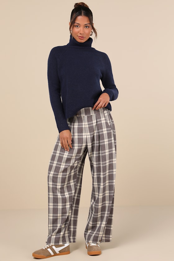 Uniquely Stylish Grey and Mauve Plaid High-Rise Wide-Leg Pants