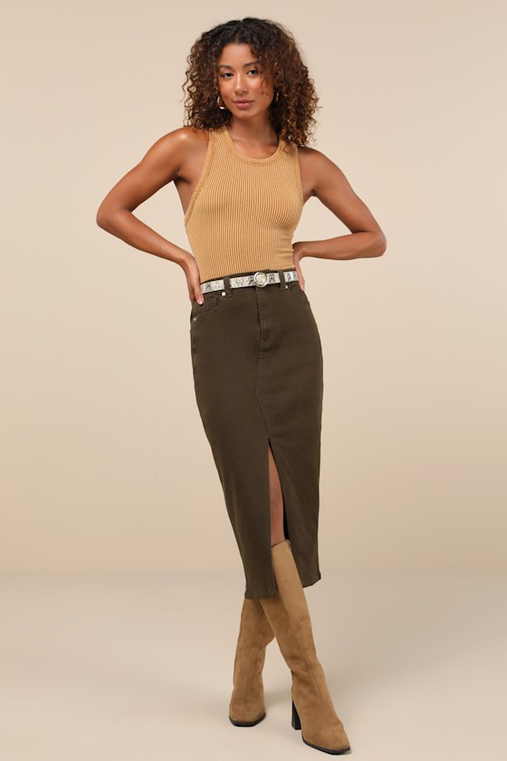 Uniquely Trendsetting Olive Green High-Rise Denim Midi Skirt