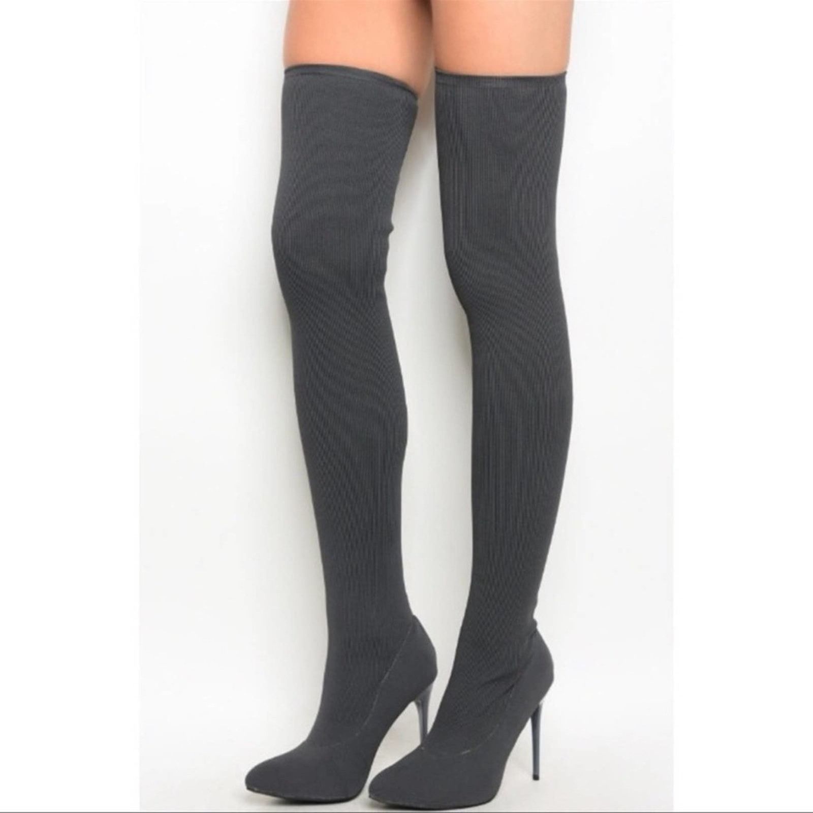 Unkwn 258. Beston Thigh High Ribbed Sock Style High Heel Shoes Boots 7.5 in Grey, Women's