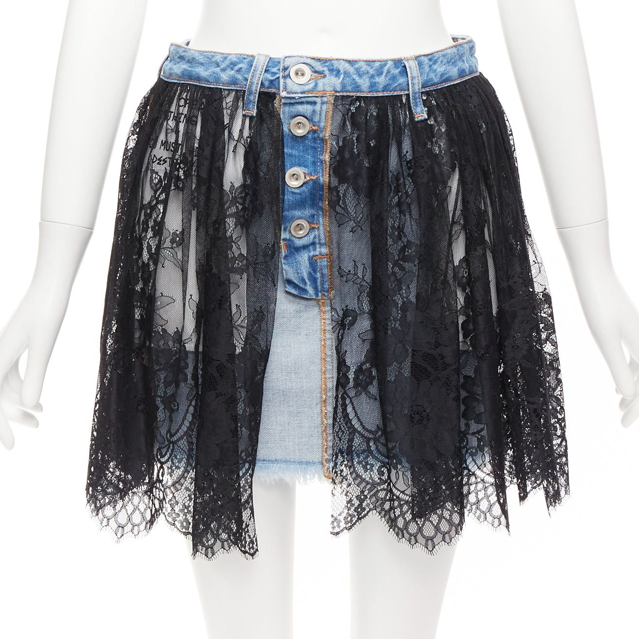 Unravel Project Black Floral Lace Ruffle Blue Denim Inside Out Skirt 25", Women's (Size 26)