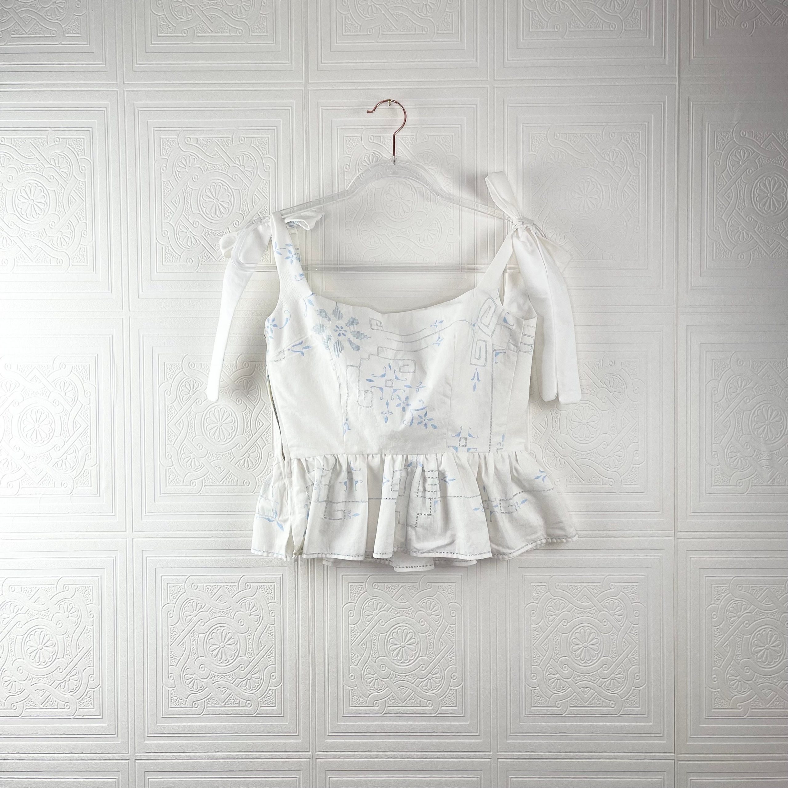 Upcycled Tie Shoulder Frill Peplum Top/Medium Handmade Linen Oscilatey Embroidered