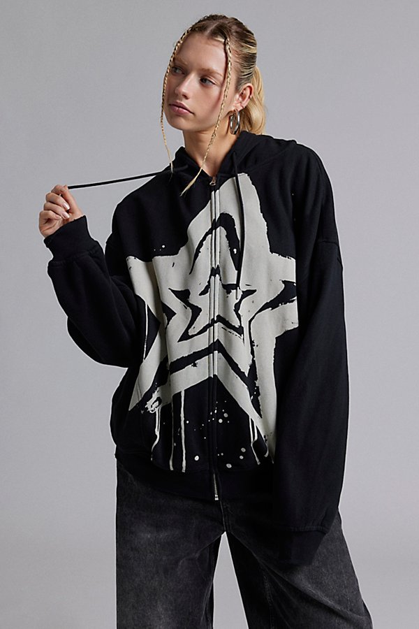 Urban Outfitters UO Bleached Star Zip-Up Hoodie Sweatshirt in Black at Urban Outfitters