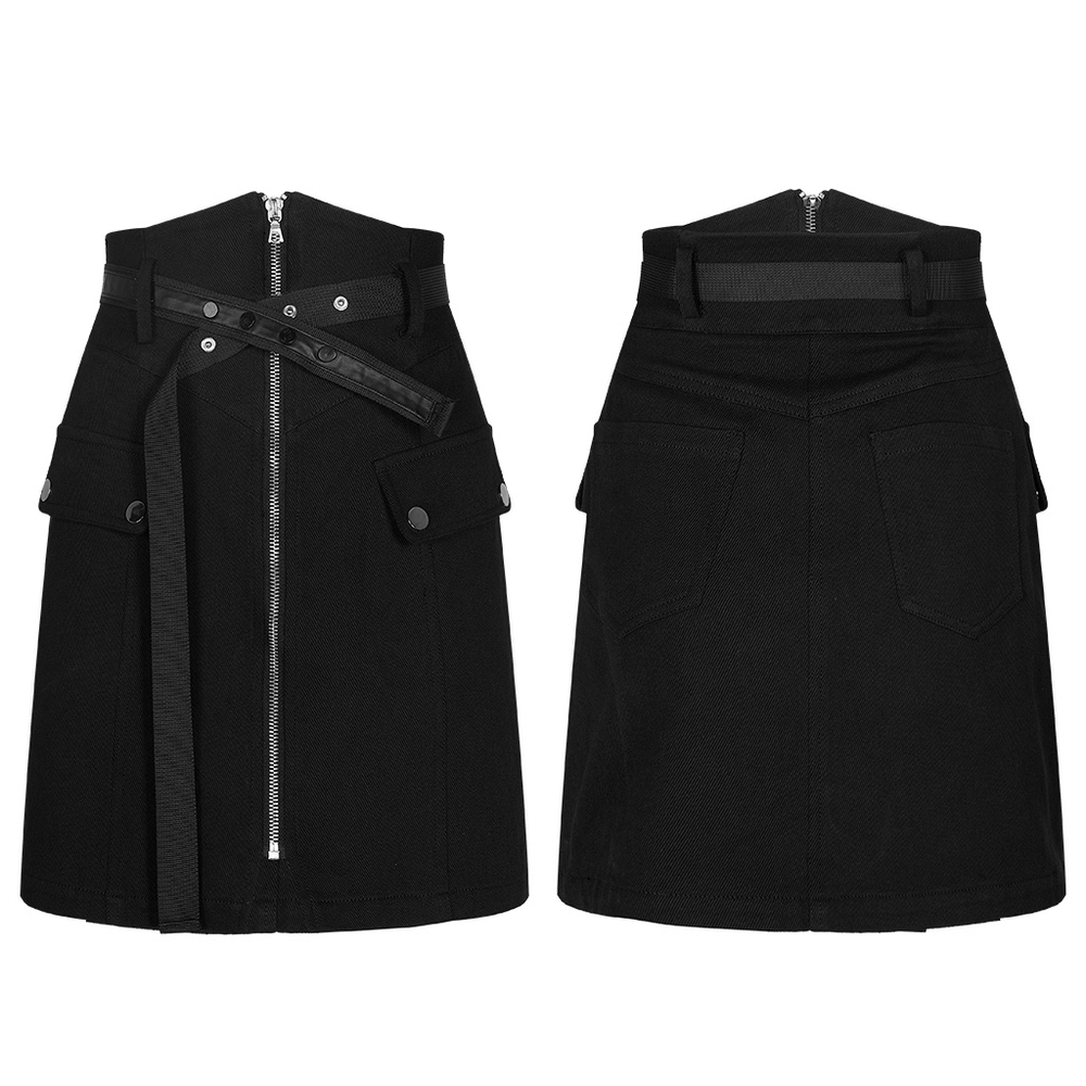 Urban Punk Zip-Front High-Waist Straight Denim Skirt