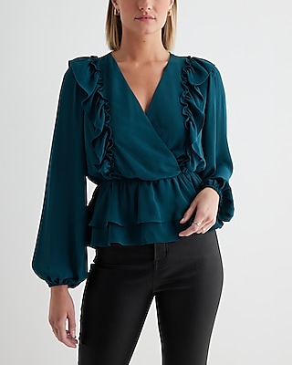 V-Neck Faux Wrap Flutter Ruffle Peplum Top Green Women's XS