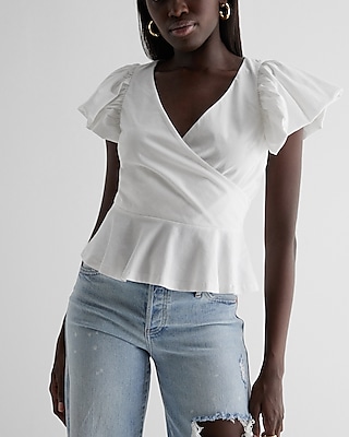 V-Neck Flutter Sleeve Wrap Peplum Top White Women's XS