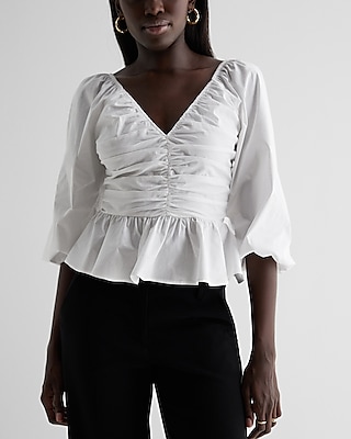 V-Neck Pleated Peplum Top White Women's S