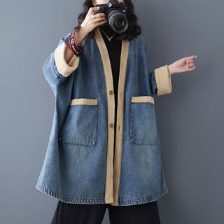 V-Neck Washed Panel Fleece-Lined Button Denim Jacket