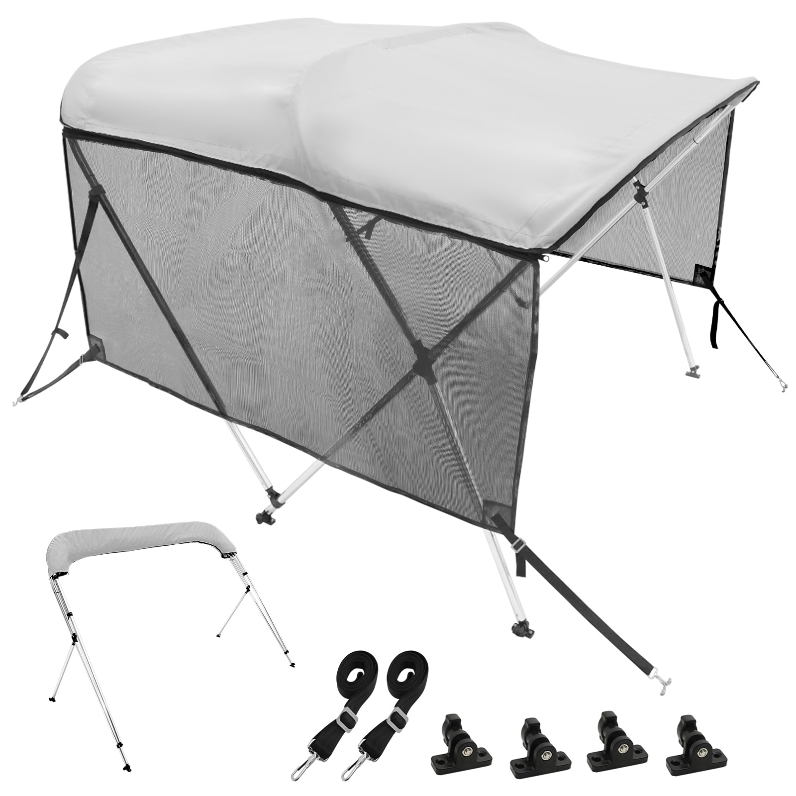 VEVOR 67"-72"w, 3 Bow Bimini Top Boat Cover, Detachable Mesh Sidewalls, 600d Polyester Canopy with Rust-resistant Aluminum Alloy Frame, Light Grey