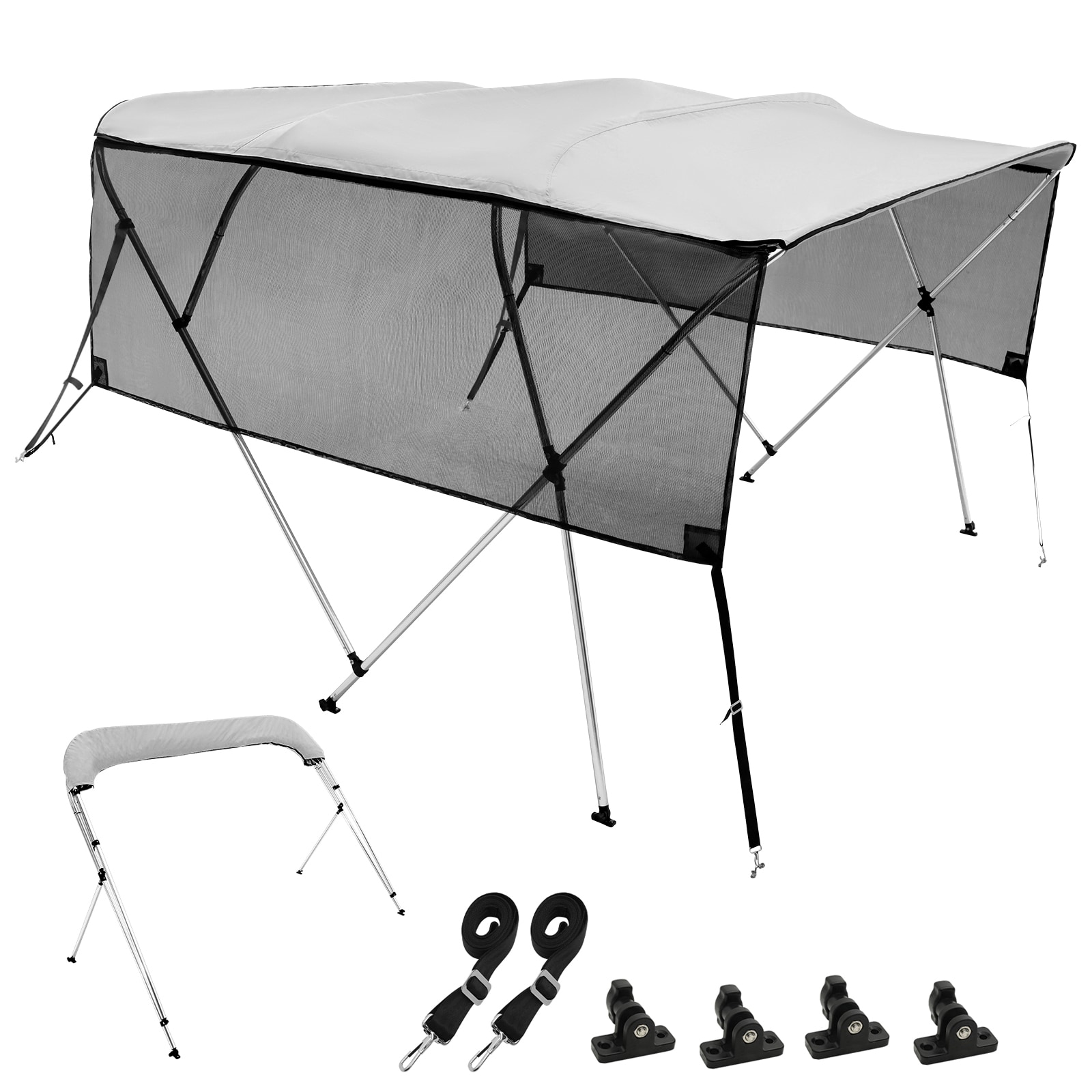 VEVOR 79"-84"w 4 Bow Bimini Top Boat Cover Detachable Mesh Sidewalls 600d Polyester Canopy with Rust-resistant Aluminum Alloy Frame Light Grey