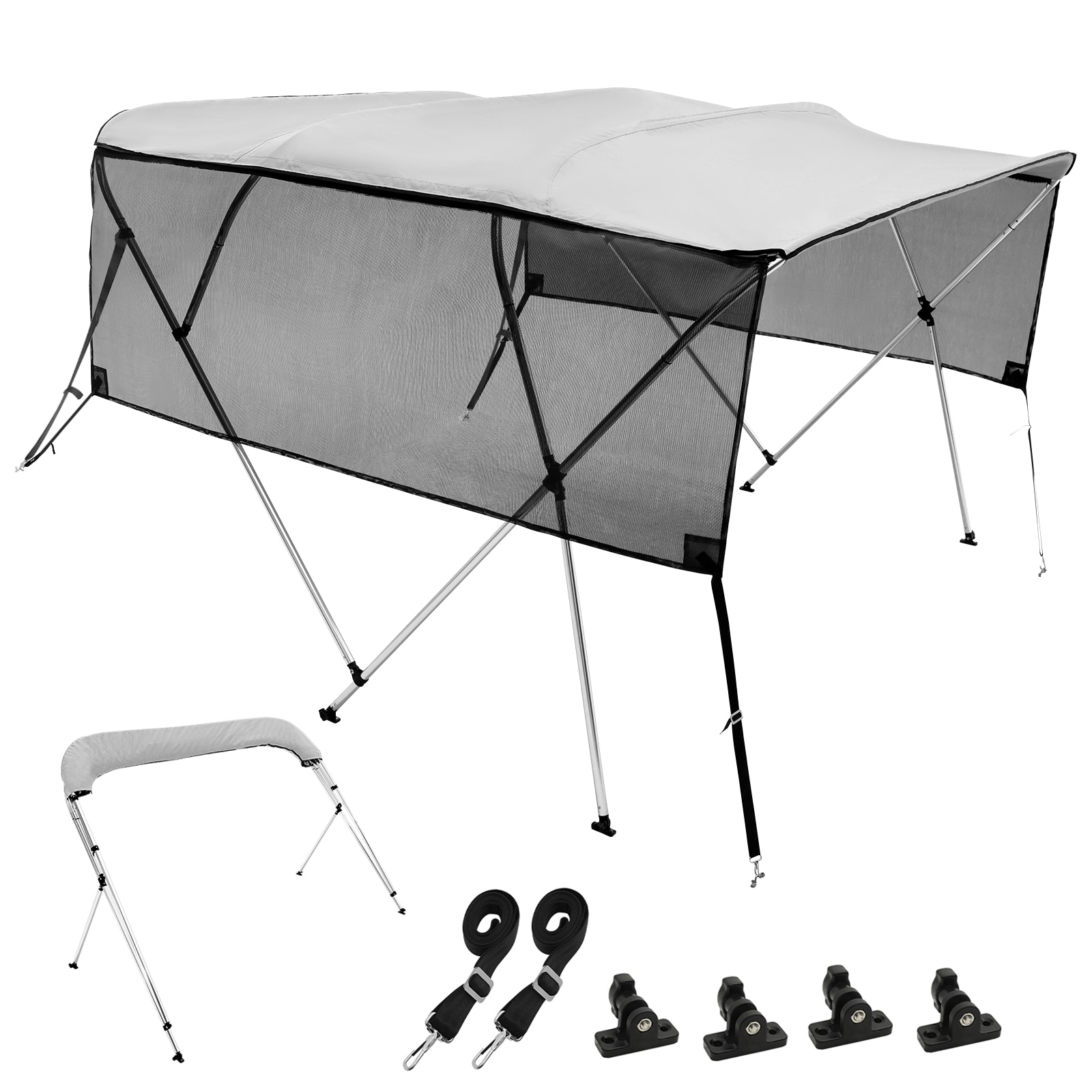 VEVOR 85"-90"w 4 Bow Bimini Top Boat Cover Detachable Mesh Sidewalls 600d Polyester Canopy with Rust-resistant Aluminum Alloy Frame Light Grey