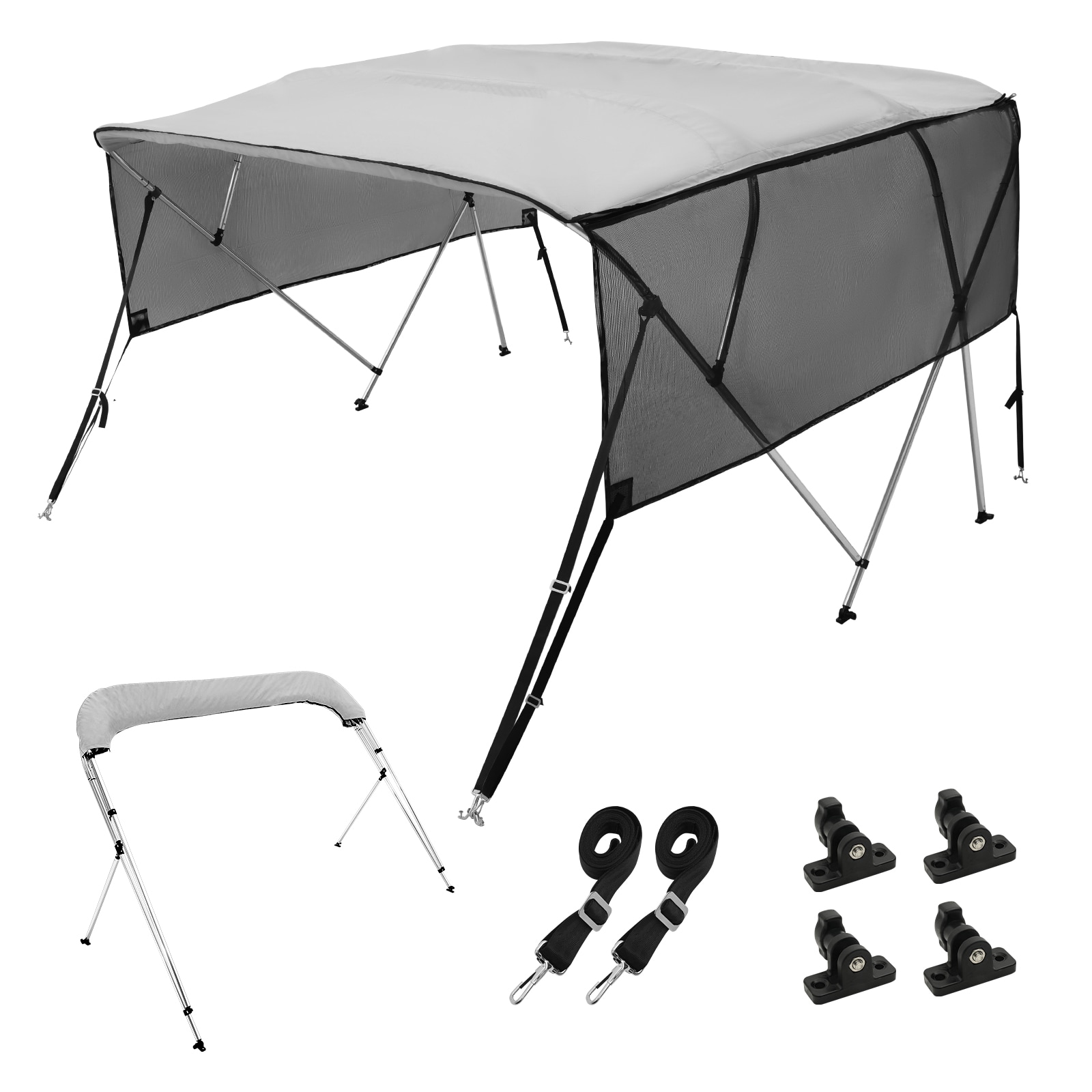 VEVOR 91"-96"w 4 Bow Bimini Top Boat Cover Detachable Mesh Sidewalls 600d Polyester Canopy with Rust-resistant Aluminum Alloy Frame Light Grey