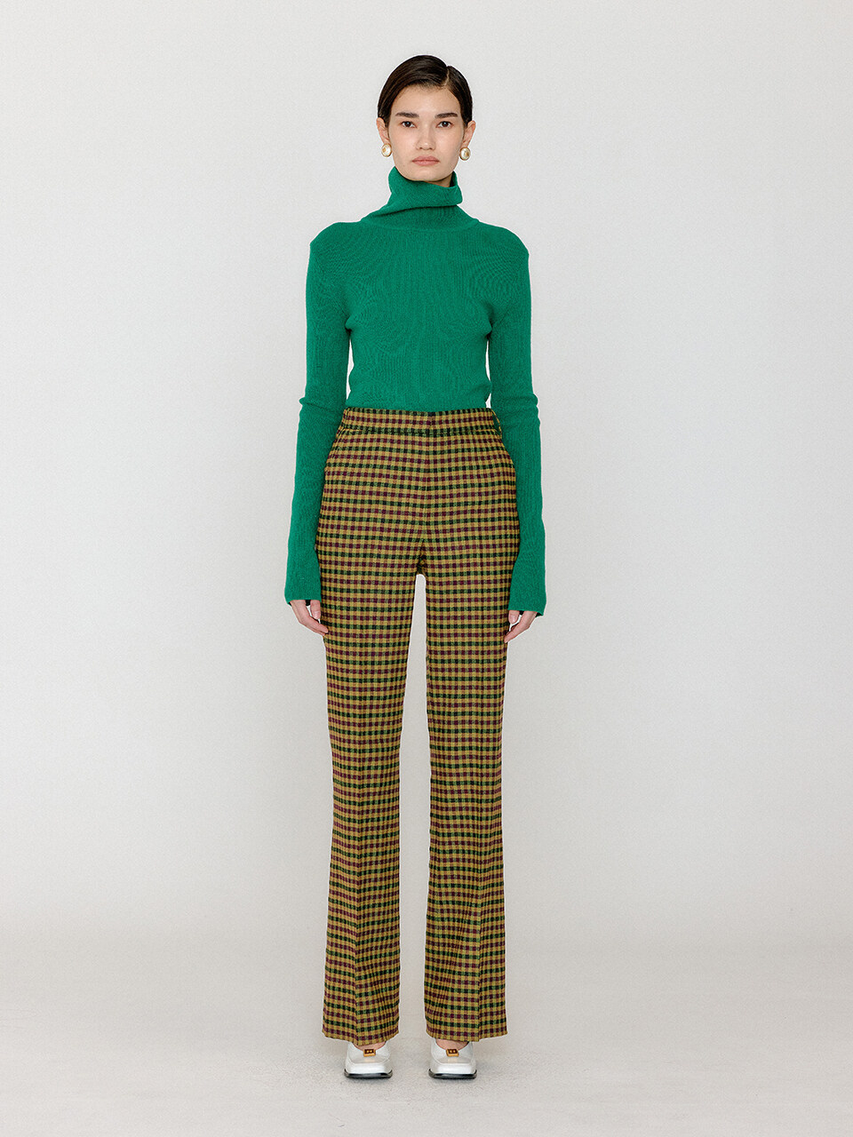 VOHO Flared Pants - Green/Burgundy Multi Check