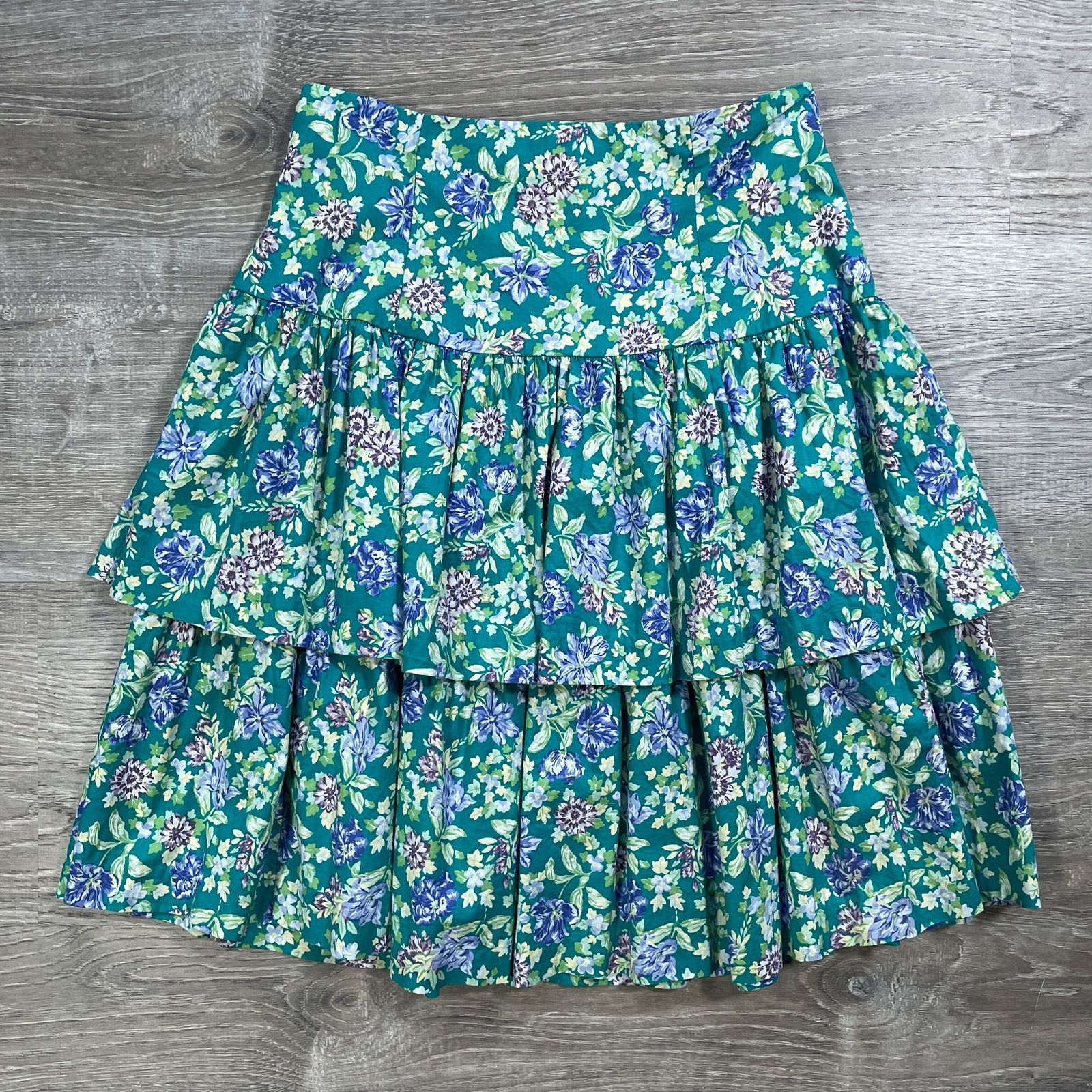 VTG 80's Laura Ashley Teal Floral Tiered Mini Skirt Size 10 in Green, Women's