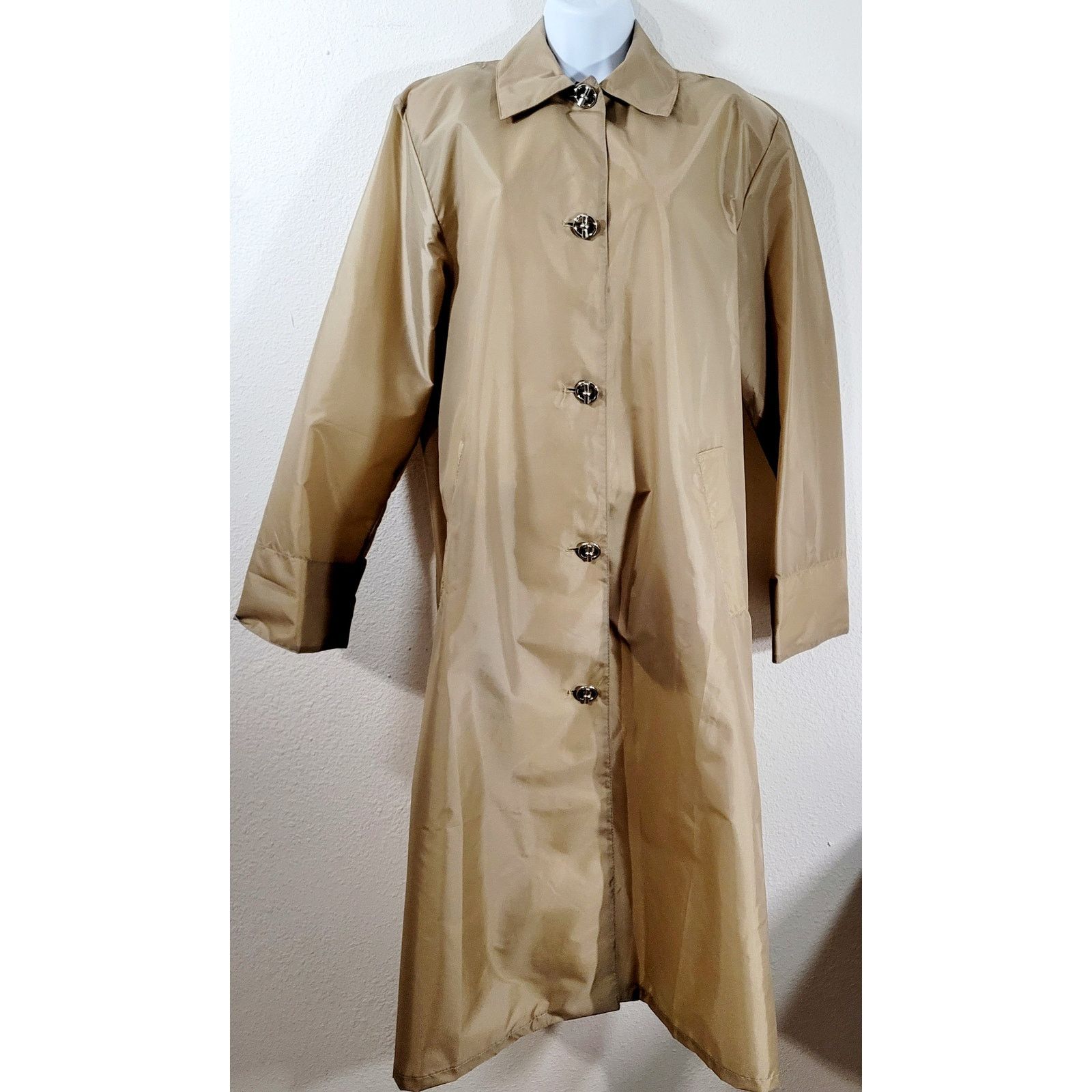 VTG Aqua Sheen Tan Brown Lightweight Raincoat Small Collard, Women's