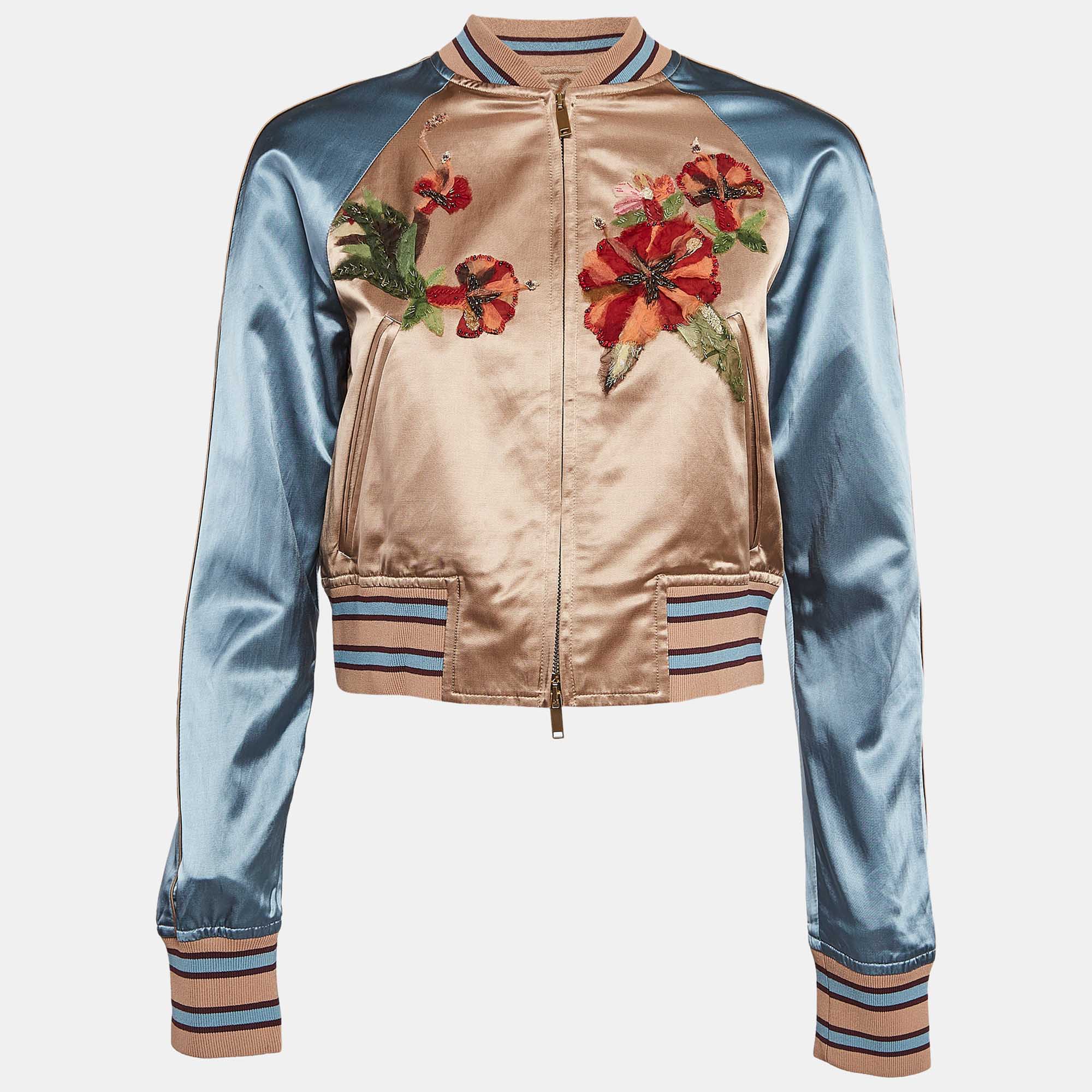 Valentino Beige/Blue Floral Embroidered Satin Sukajan Jacket S