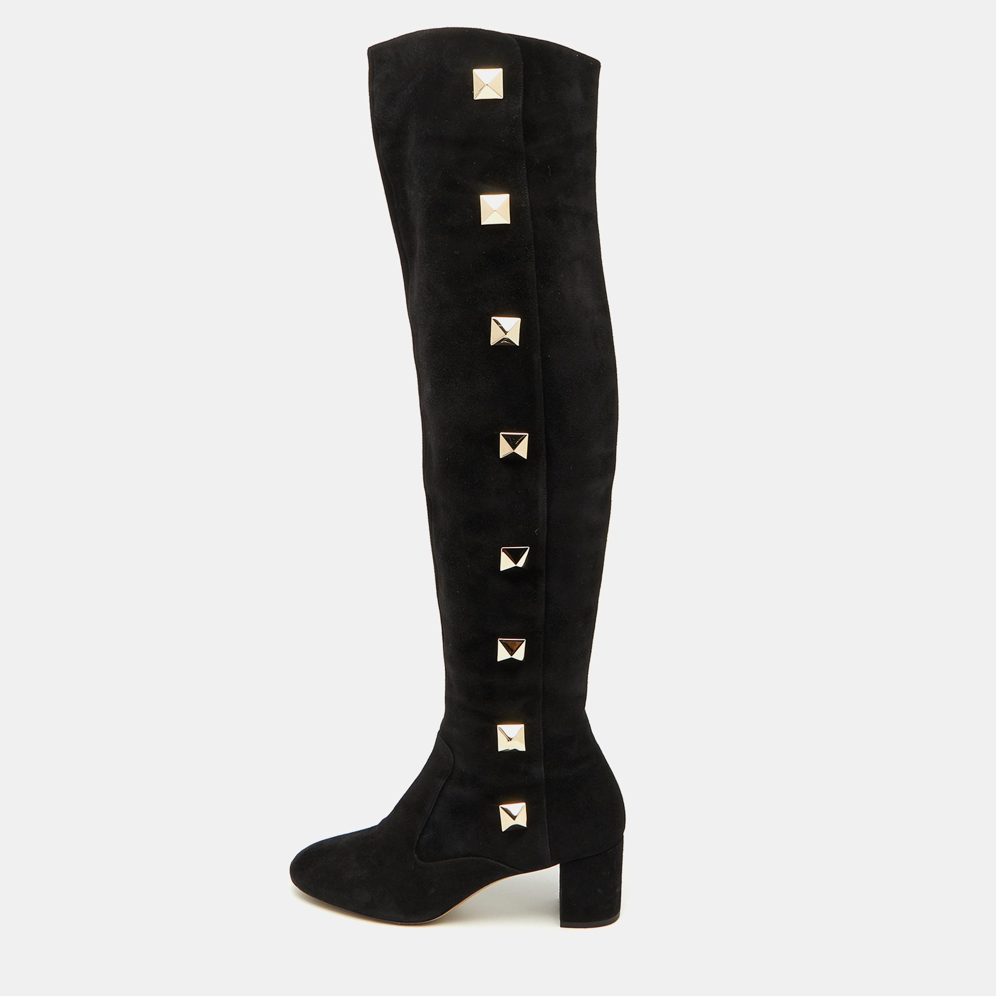 Valentino Black Suede Rockstud Block Heel Knee Length Boots Size 40