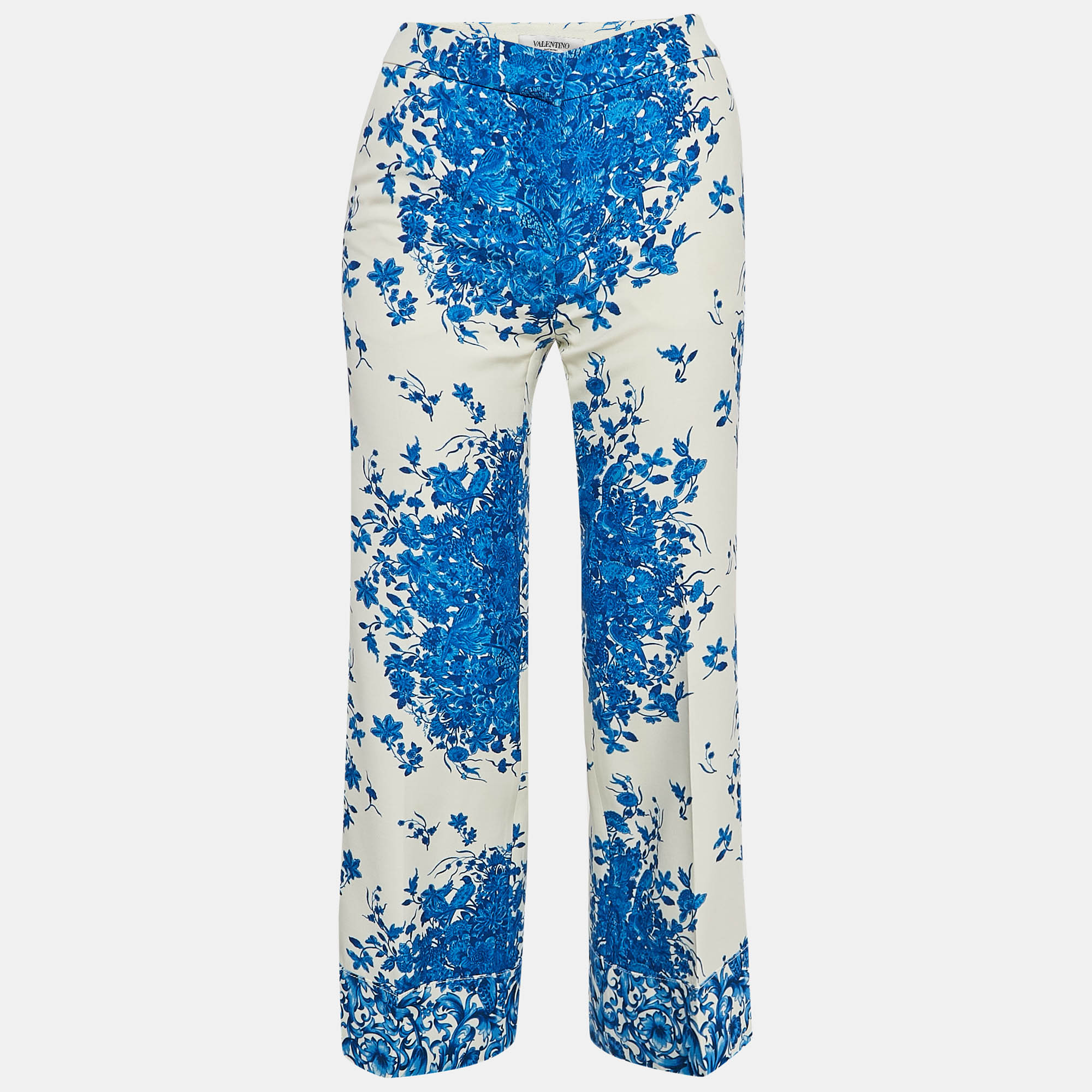 Valentino Blue Floral Print Wool Blend Wide-Leg Trousers S