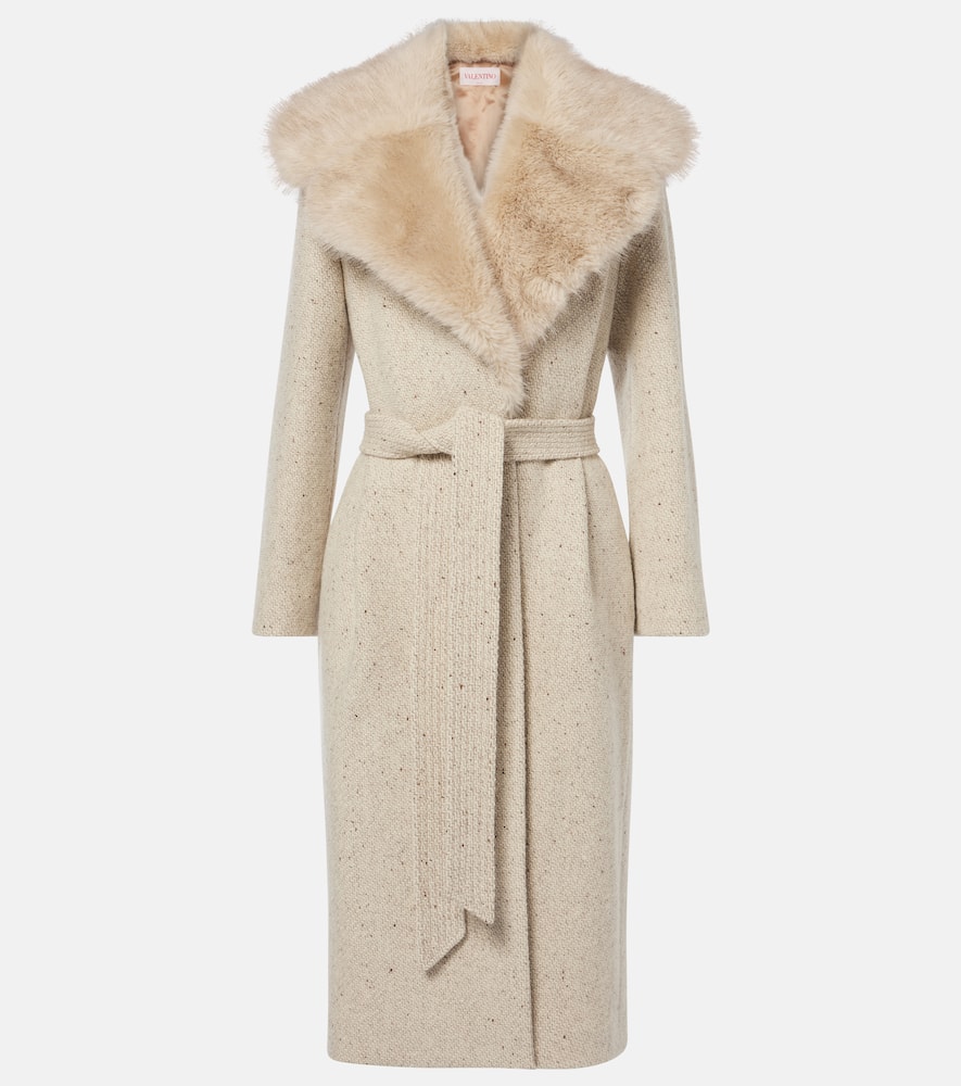 Valentino Faux fur-trimmed virgin wool wrap coat