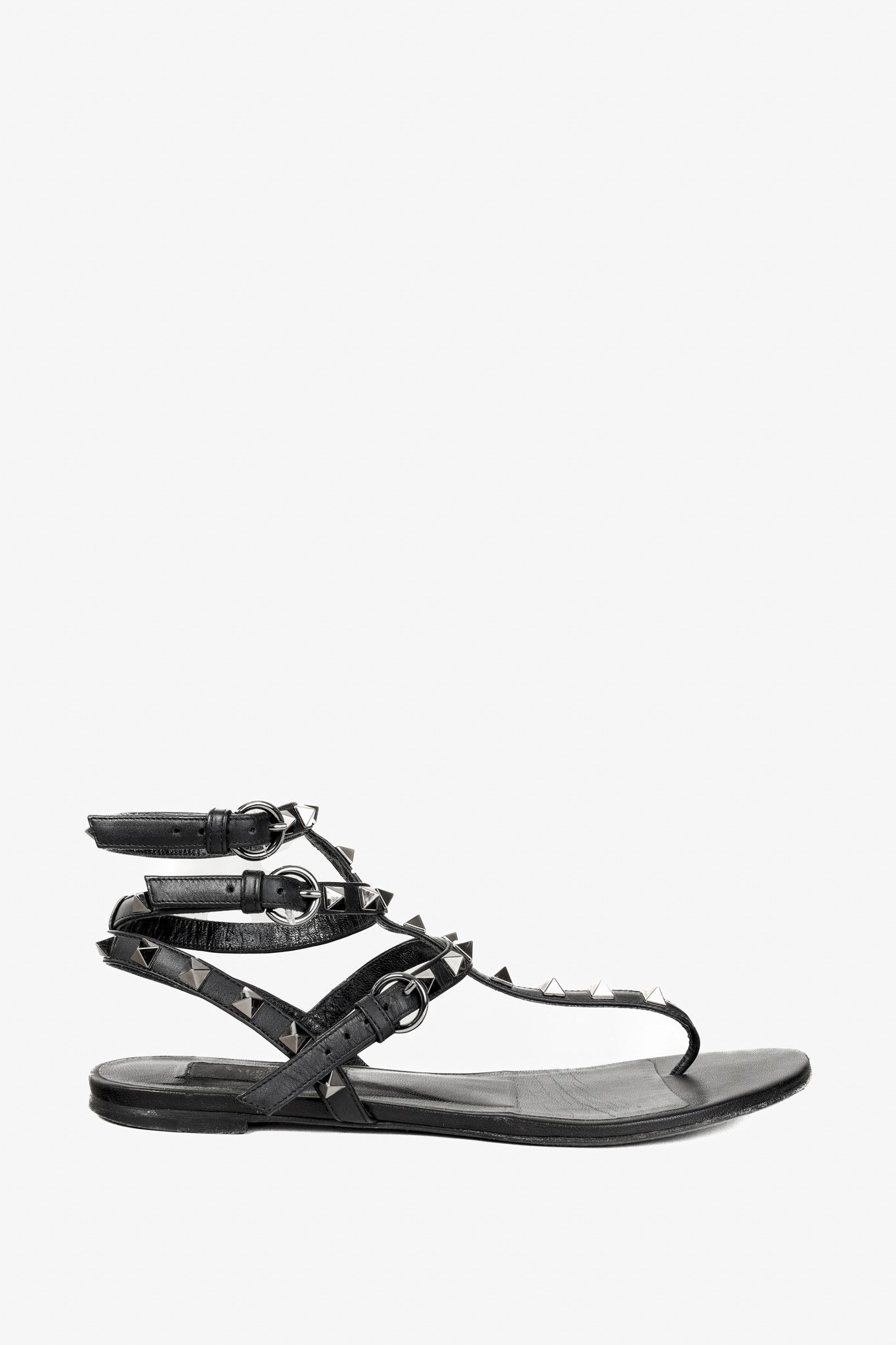 Valentino Garavani Flat Black Rockstud Gladiator Sandal, Women's (Size 7)