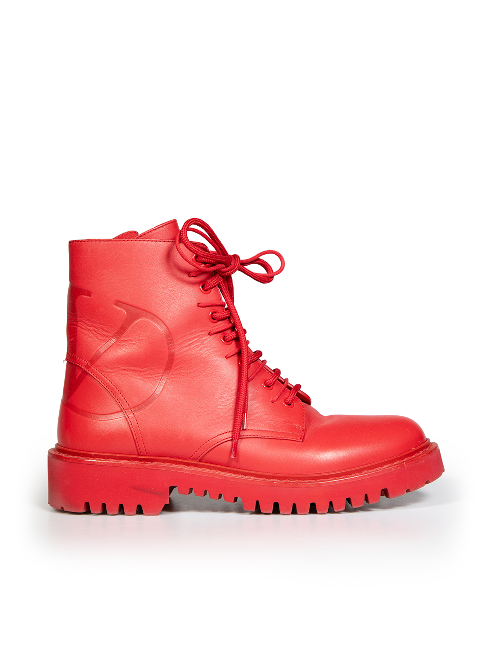 Valentino Garavani Red Leather Logo Embossed Combat Boots