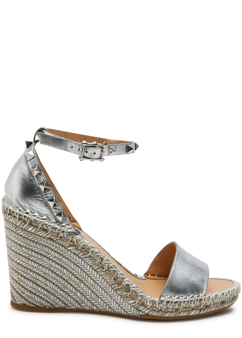 Valentino Garavani Rockstud 95 Leather Wedge Espadrilles - Silver - 4