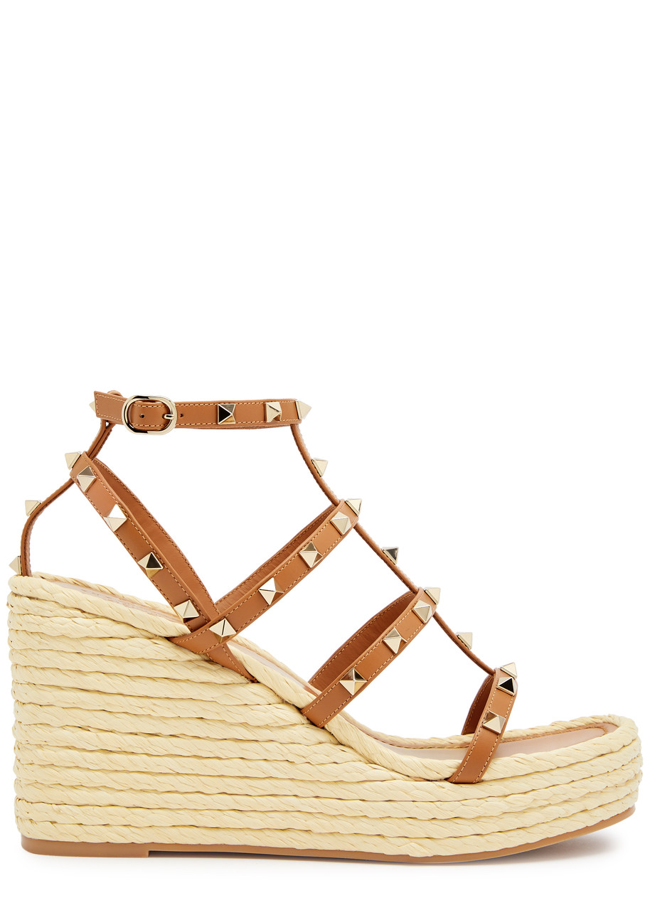 Valentino Garavani Rockstud 95 Leather Wedge Espadrilles - Tan - 37 (IT37 / UK4)