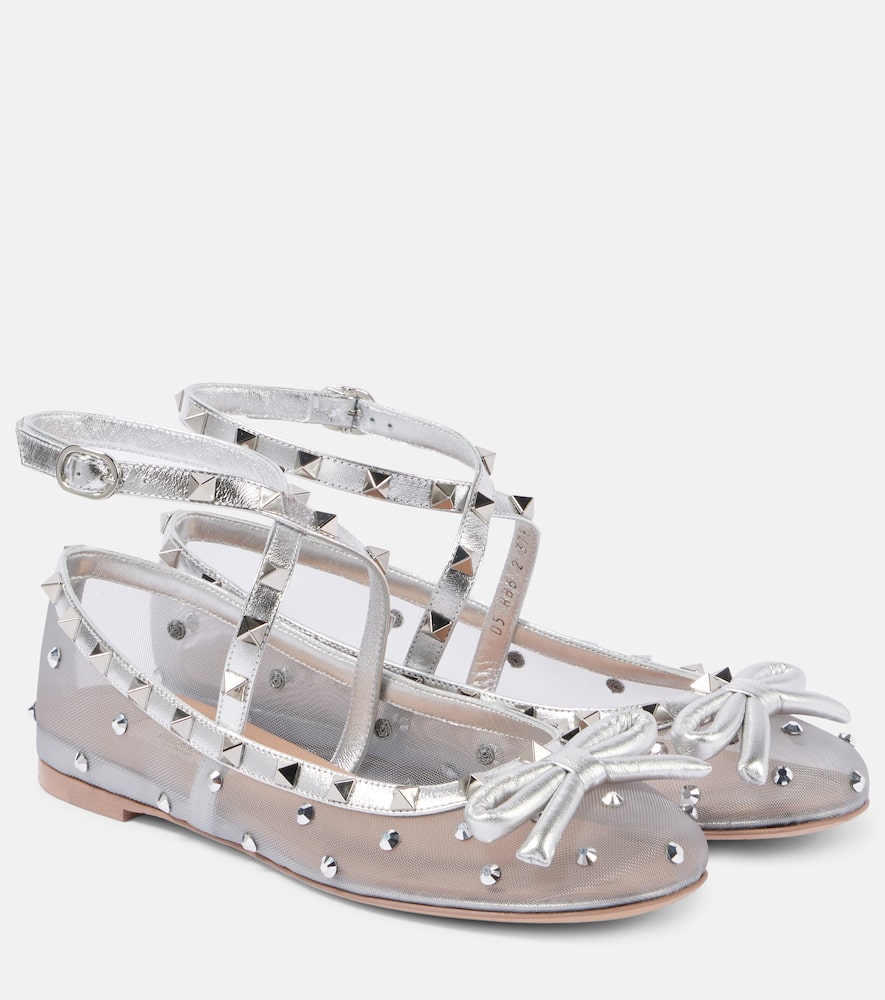 Valentino Garavani Rockstud bow-detail mesh ballet flats