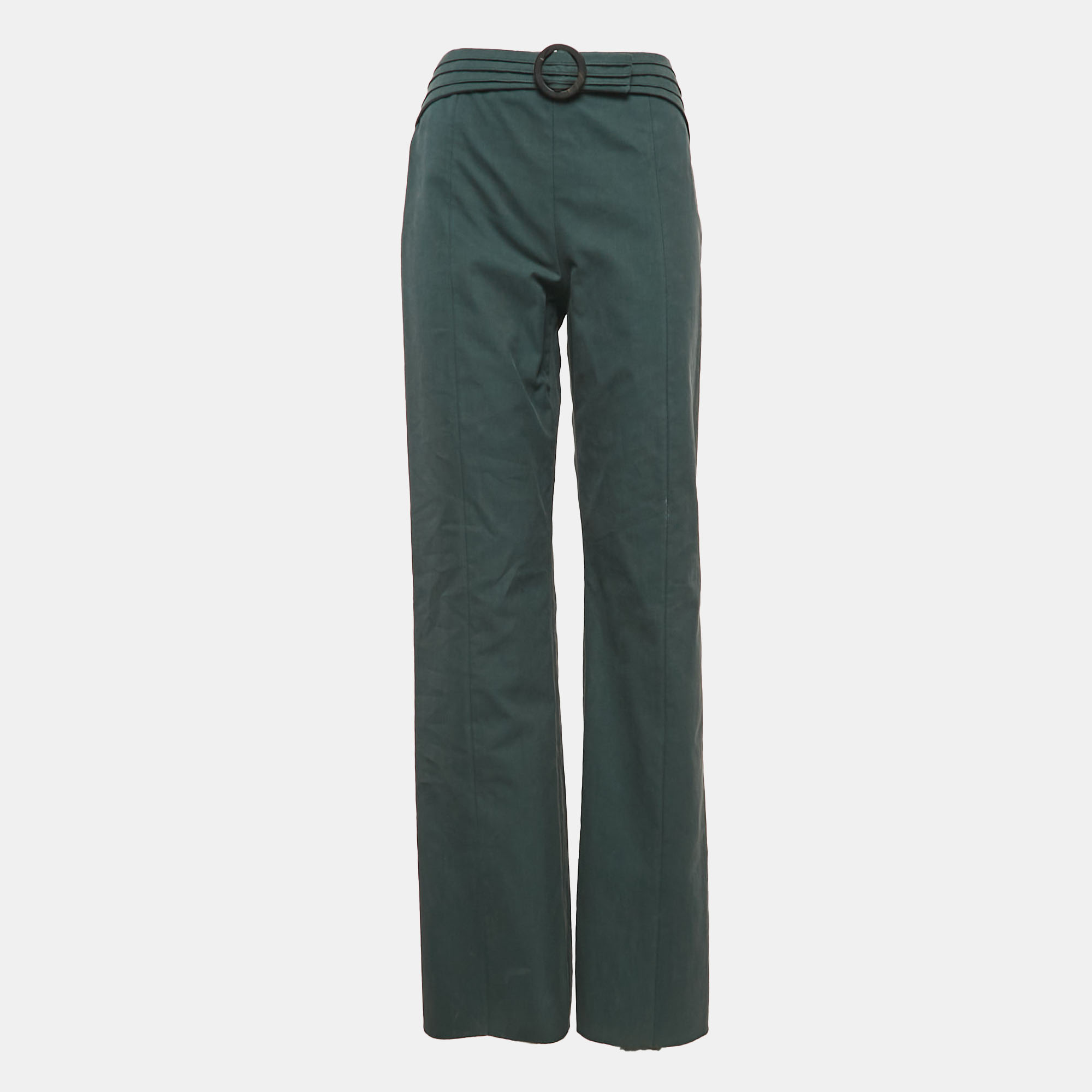 Valentino Green Cotton Gabardine Buckle Detail Wide-Leg Trousers L