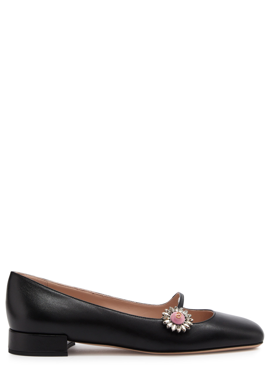 Valentino Mary Jane Embellished Leather Ballet Flats - Black - 40 (IT40 / UK7)