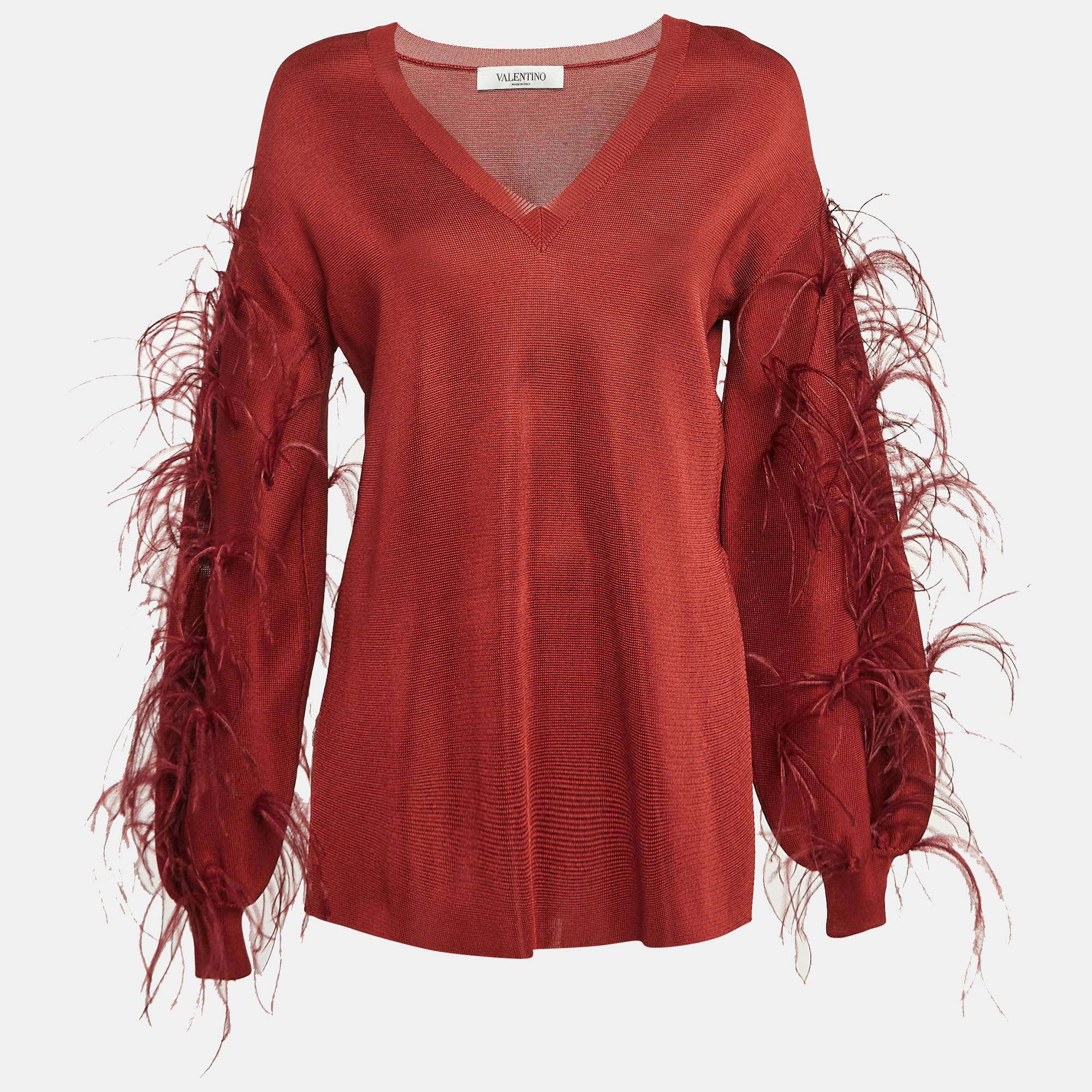 Valentino Red Ostrich Feather Trim Knit V-Neck Sweatshirt S