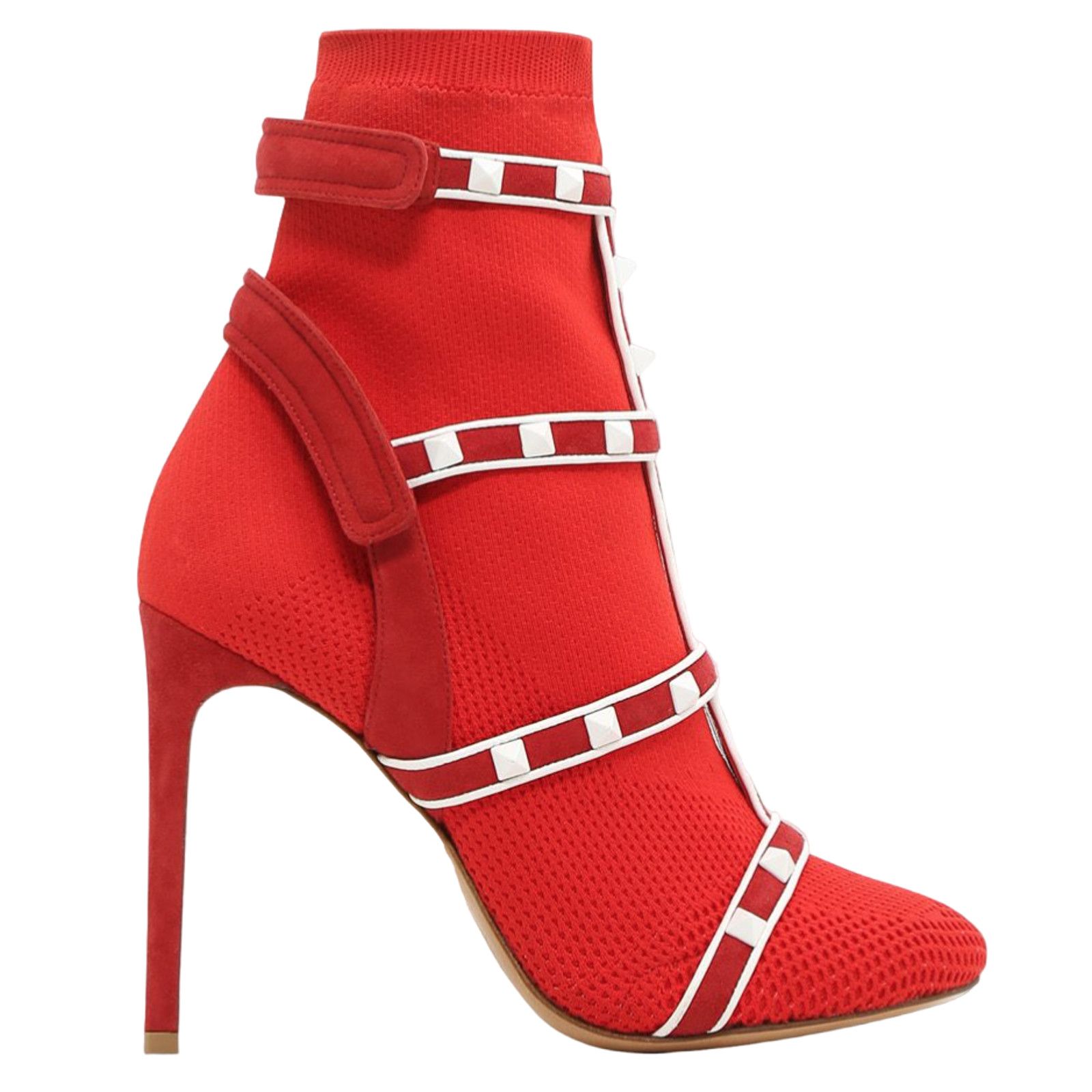 Valentino Rockstud Bodytech Red Sock Knit Ankle Heel Shoes Boot, Women's (Size 8.5)