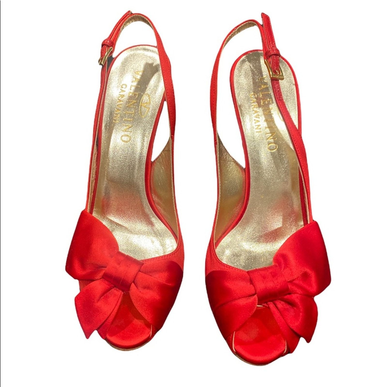 Valentino Satin Bow Open Toe Slingback Pumps Sz37 Shoes in Red, Women's