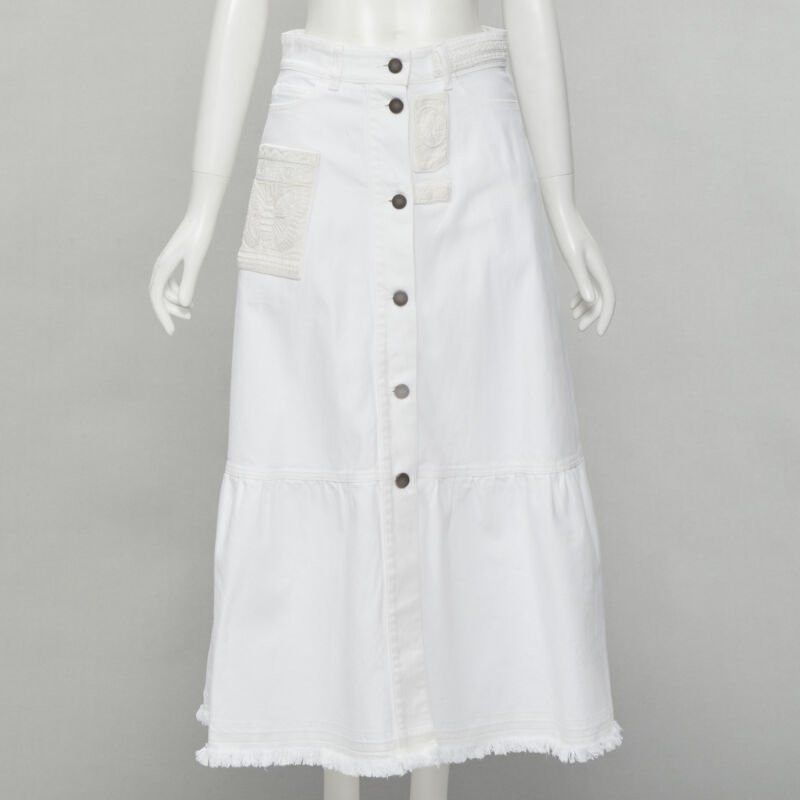 Valentino White Denim Butterfly Bead Embellished Patch Raw Midi Skirt It38 Xs, Women's (Size 26)