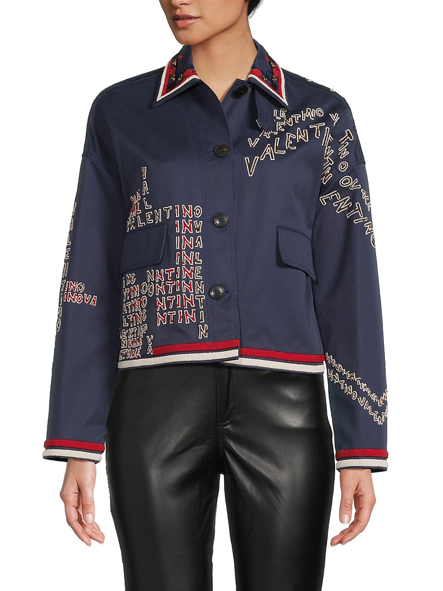 Valentino Women's Logo Embroidered Jacket - Pure Blue - Size 40 (4)