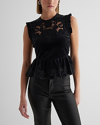 Velvet Crew Neck Lace Embroidered Peplum Top Black Women's S