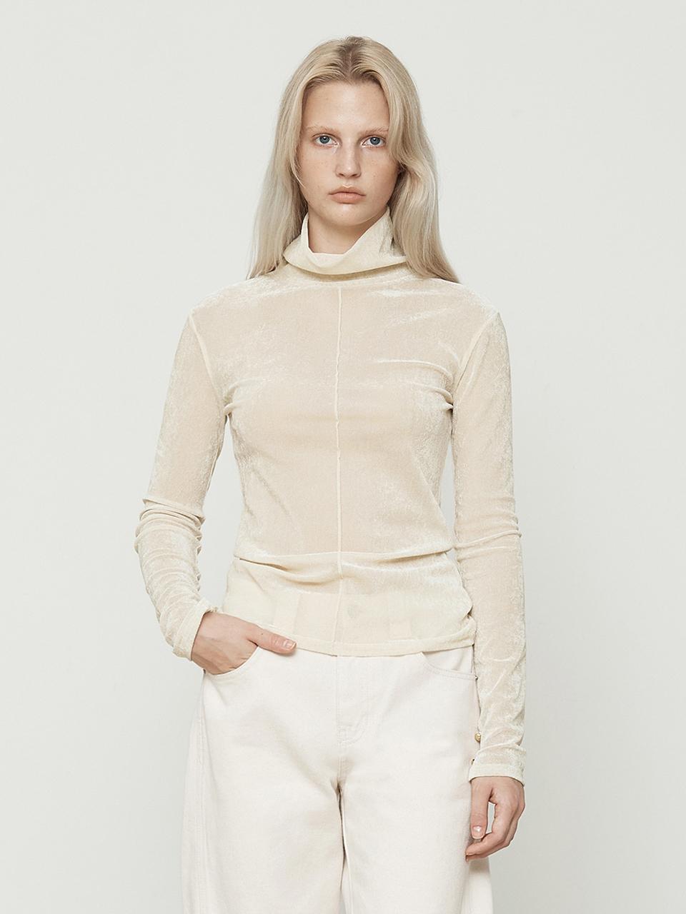 Velvet mesh turtleneck long sleeve top [light beig