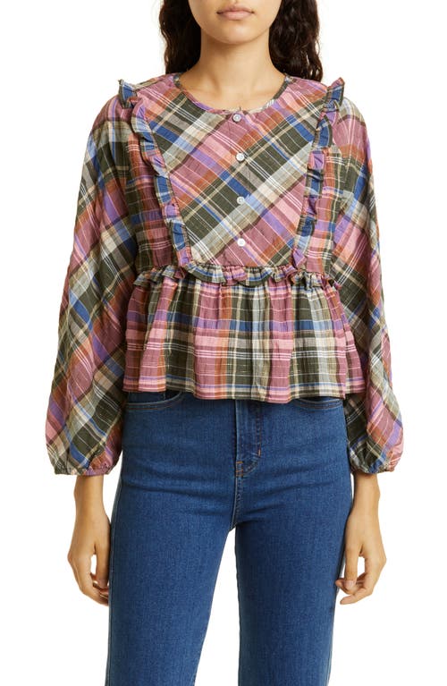 Veronica Beard Katalina Plaid Peplum Top in Olive/Pink at Nordstrom, Size 2