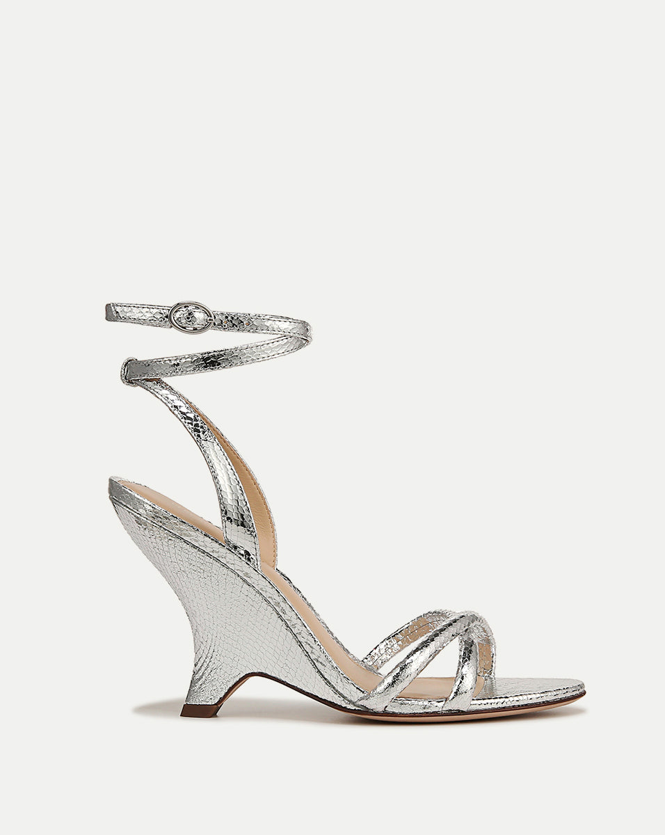 Veronica Beard Manuela Metallic Leather Sculpted Wedge Sandal Silver